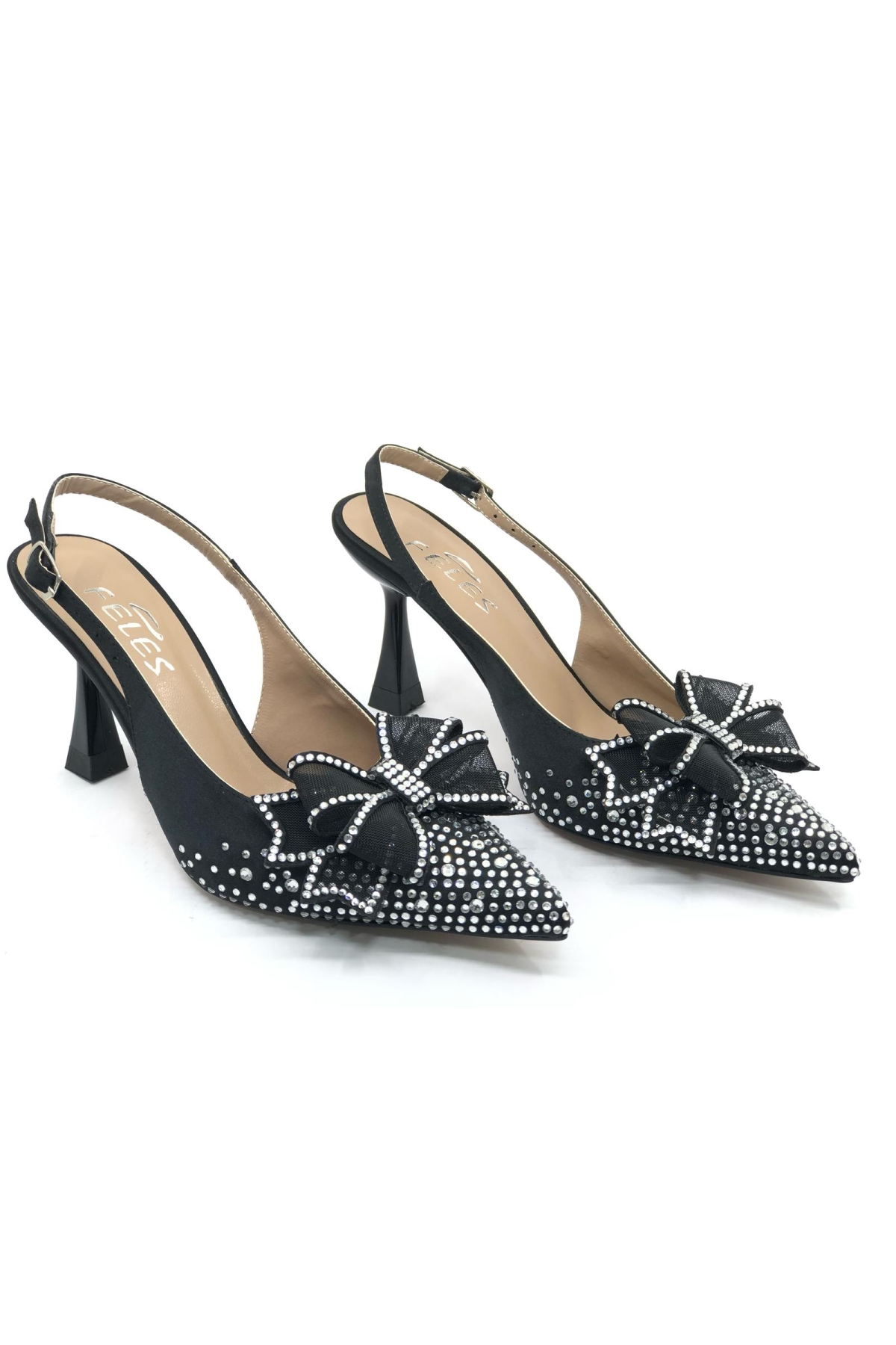 Saten Kurdela Taş Detaylı Arkası Açık Stiletto Kadın Topuklu Ayakkabı - Görsel 3