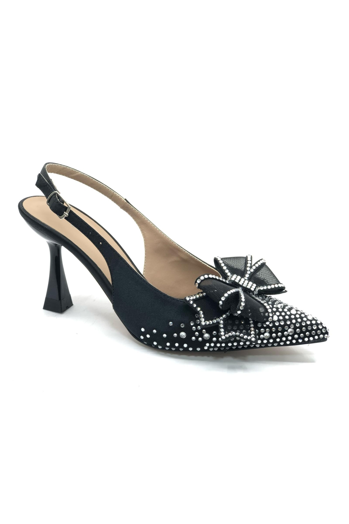 Saten Kurdela Taş Detaylı Arkası Açık Stiletto Kadın Topuklu Ayakkabı - Görsel 4
