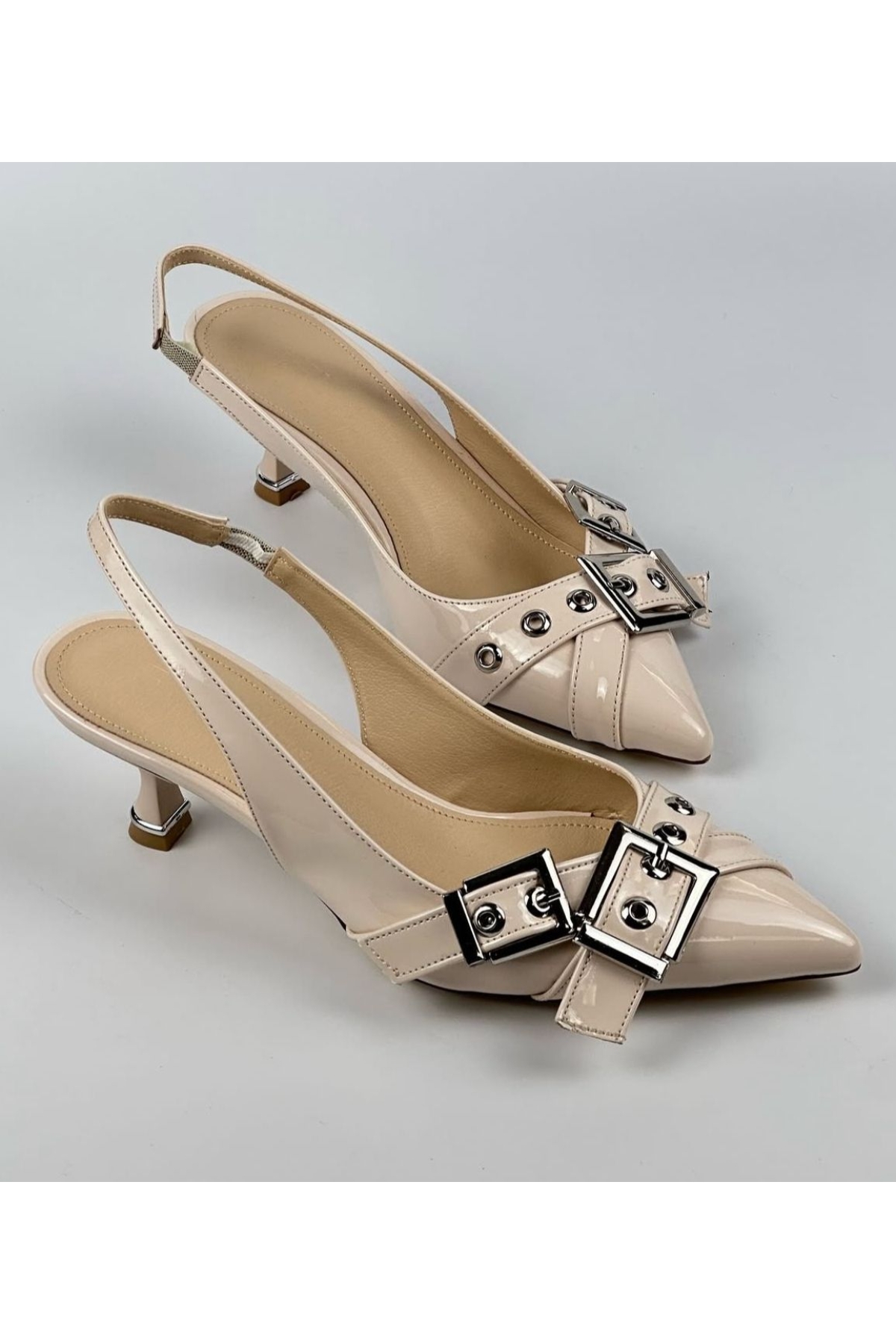 Şeker Topuklu Çift Toka Detaylı Arkası Açık Stiletto Kadın Kısa Topuklu Ayakkabı - Görsel 2