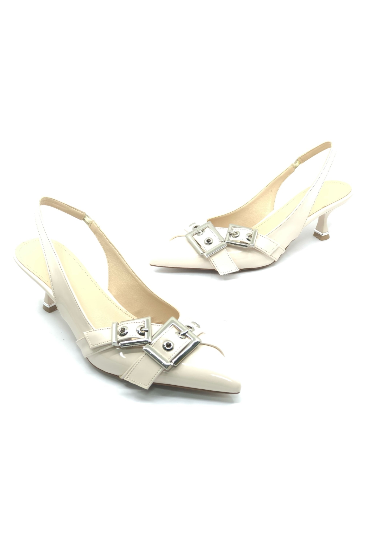 Şeker Topuklu Çift Toka Detaylı Arkası Açık Stiletto Kadın Kısa Topuklu Ayakkabı - Görsel 4