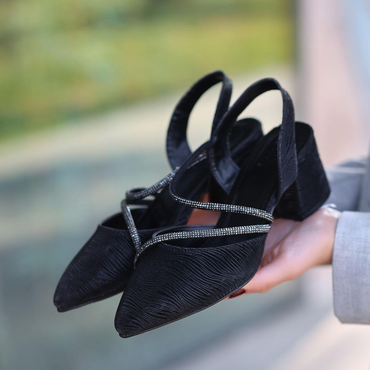 Çift Şerit Taşlı Kadın Abiye Topuklu Ayakkabı - Görsel 3