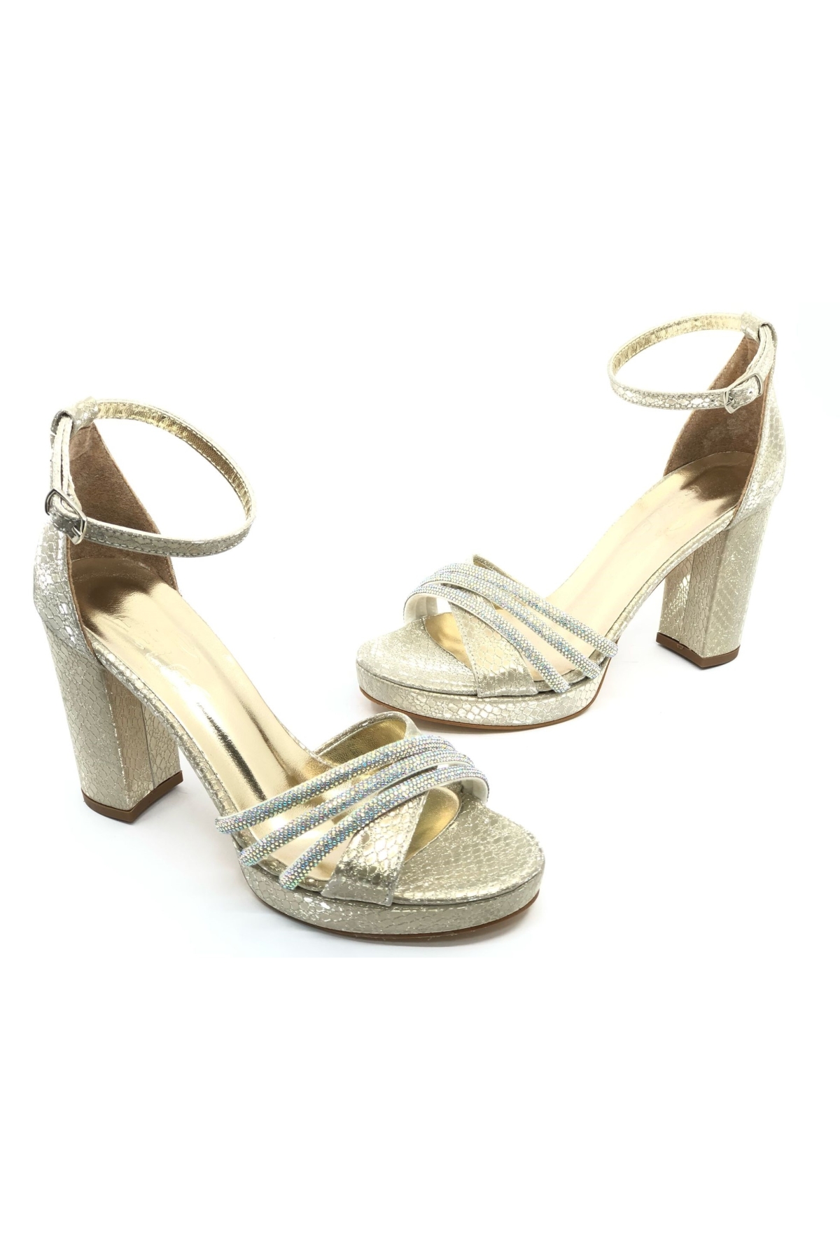 Çapraz Üç Şerit Taşlı 10 cm Platform Topuklu Kadın Abiye Ayakkabı - Görsel 3