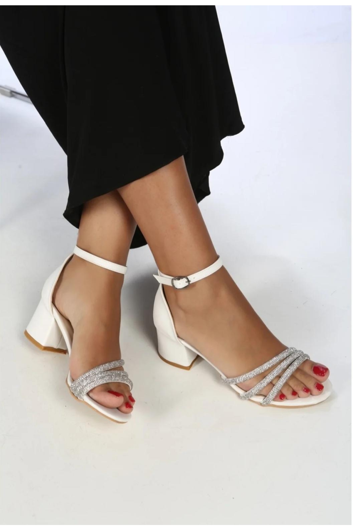 Üç Şerit Taşlı 6 cm Topuklu Kadın Abiye Ayakkabı - Görsel 4