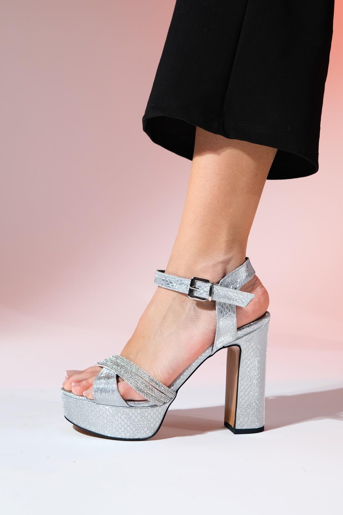 Çapraz 13 cm Yüksek Platform Topuklu Taşlı Kadın Abiye Ayakkabı - Görsel 2
