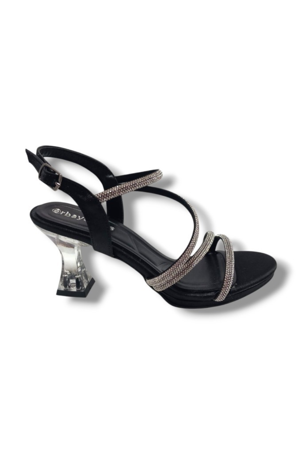 093-25 Saten Şeffaf Topuk Taşlı Anatomik Kadın Sandalet - Görsel 2