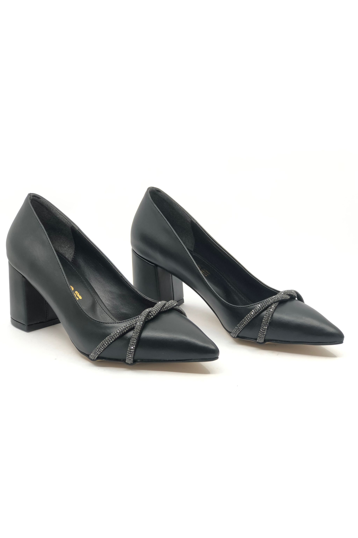 Örgü Taş Dekolteli Kalın Topuk Kadın Topuklu Ayakkabı Sitiletto - Görsel 3