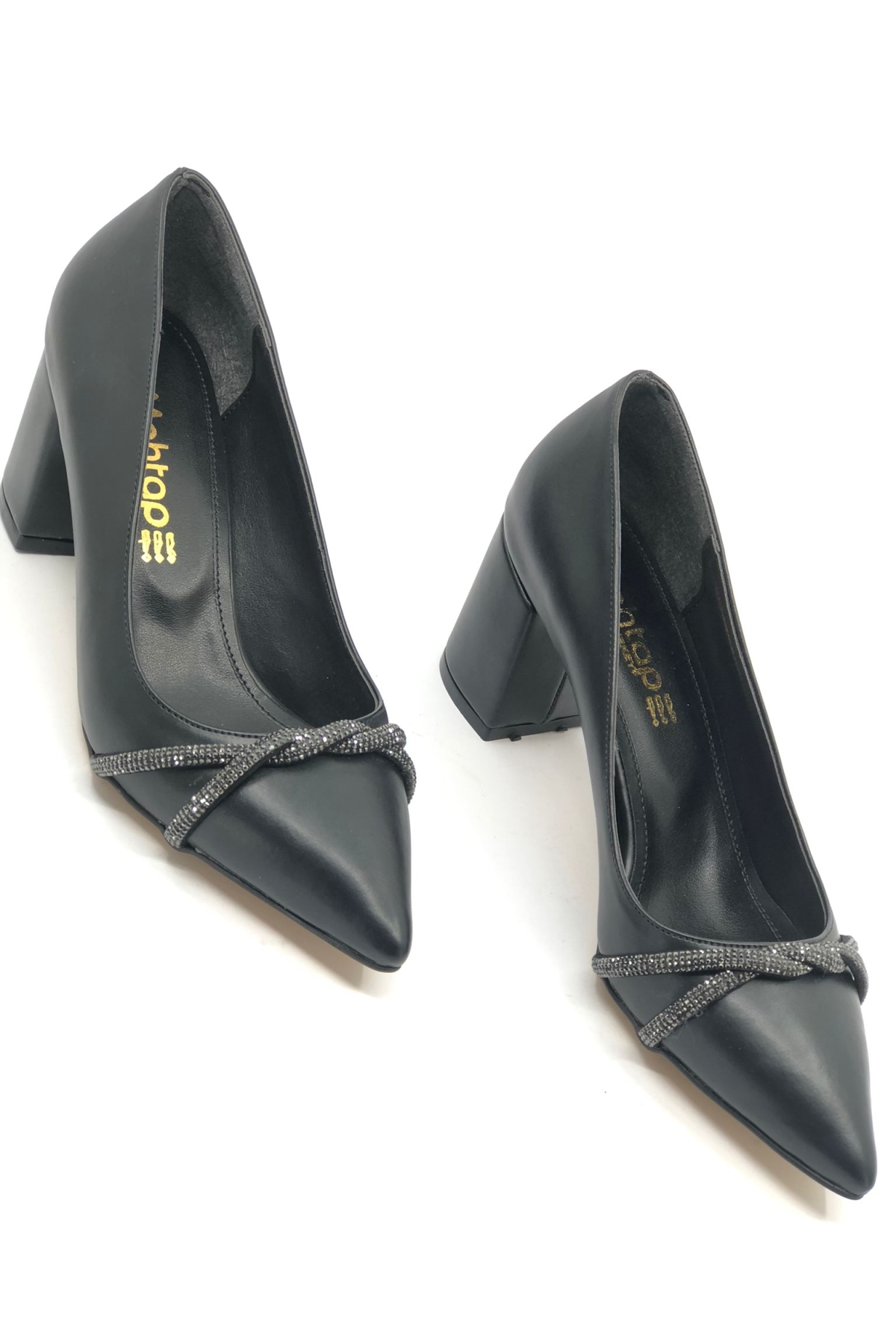 Örgü Taş Dekolteli Kalın Topuk Kadın Topuklu Ayakkabı Sitiletto - Görsel 4