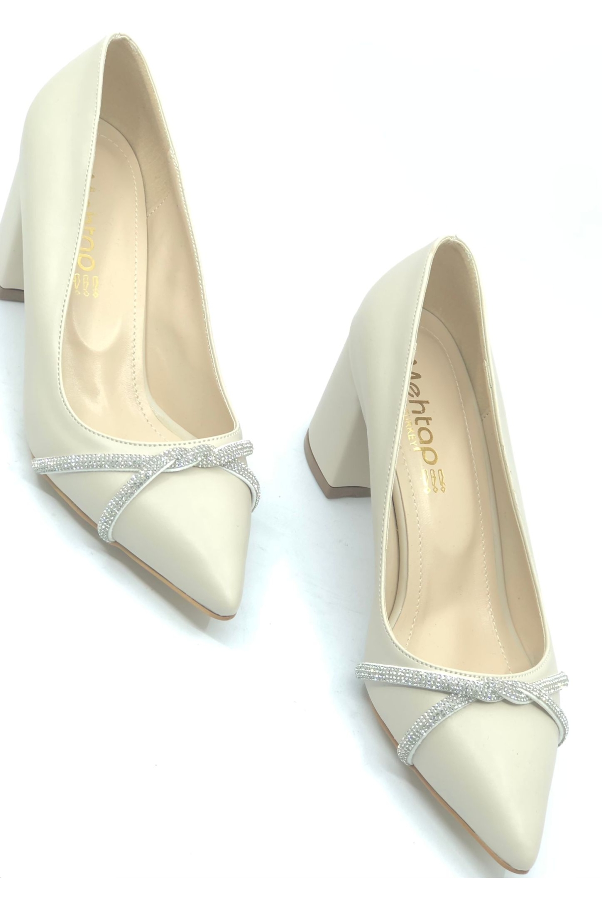 Örgü Taş Dekolteli Kalın Topuk Kadın Topuklu Ayakkabı Sitiletto - Görsel 4