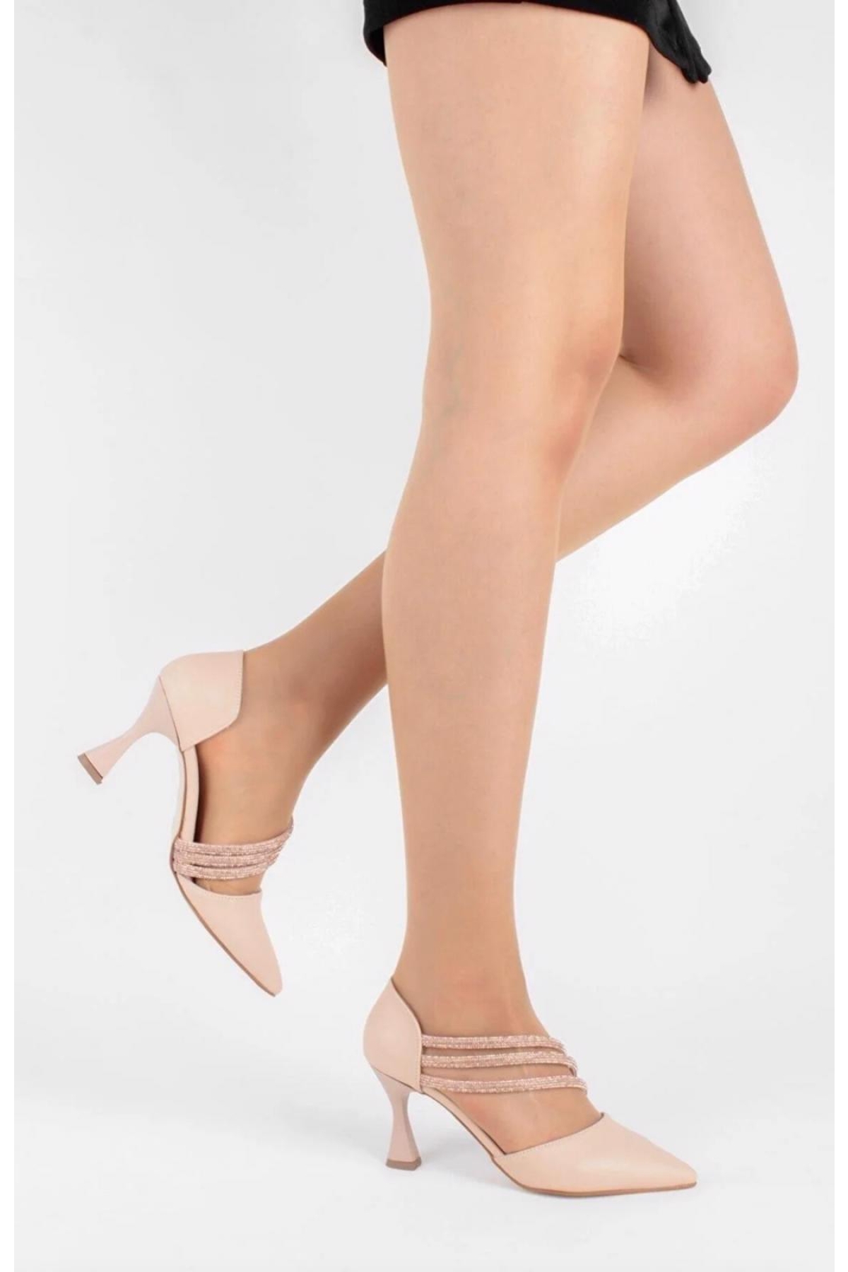 140 Üç Şerit Taşlı Abiye Kadın Topuklu Ayakkabı Stiletto - Görsel 2