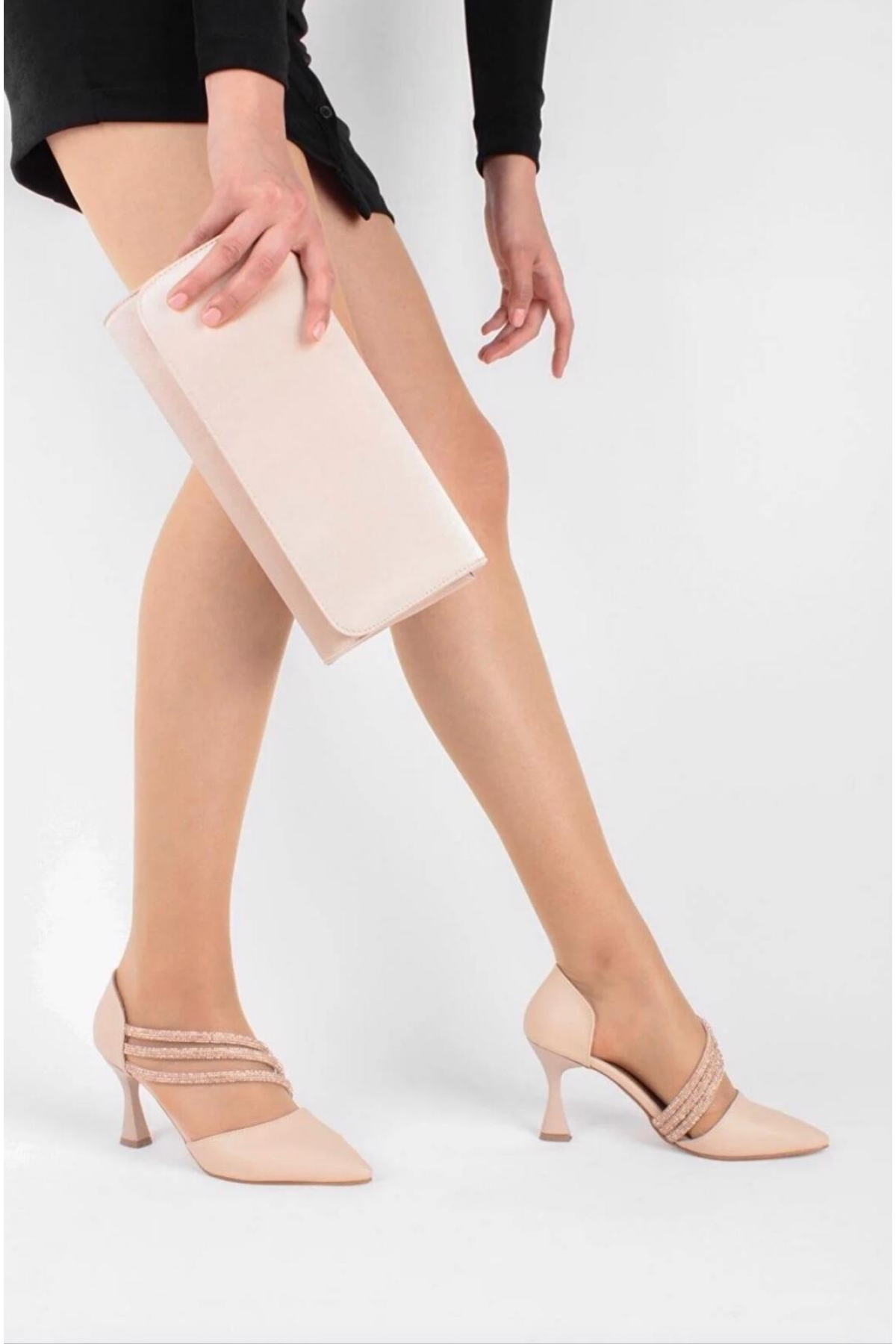 140 Üç Şerit Taşlı Abiye Kadın Topuklu Ayakkabı Stiletto - Görsel 5