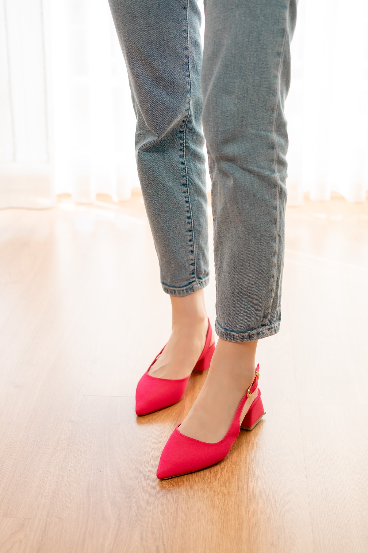 Aura Fuşya Mat Saten Yanı Tokalı (4 cm Topuk Boyu ) Sivri Burun Topuklu Babet Ayakkabı - Görsel 2