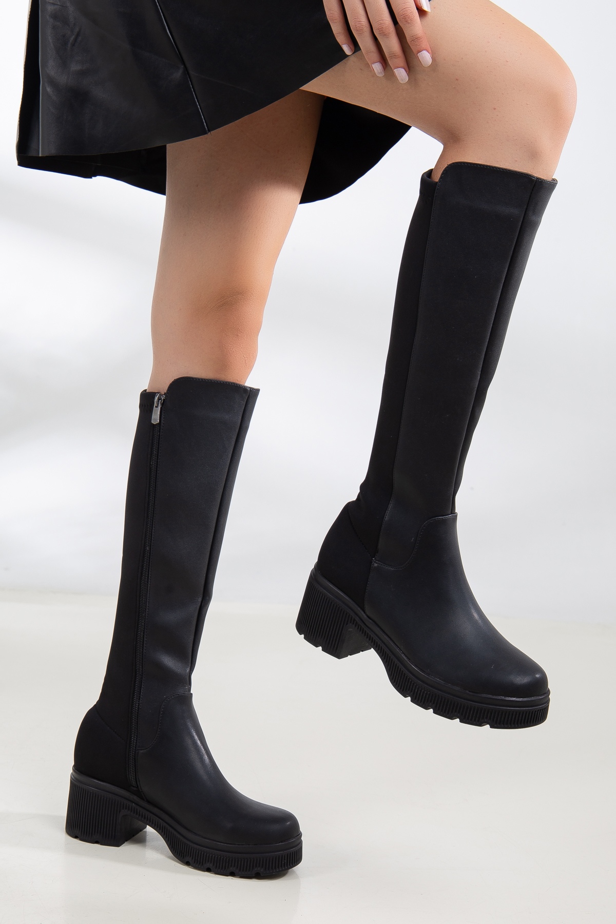 D080 Garantili Kadın Siyah Çekme Çizme Bot Bootie - Görsel 5