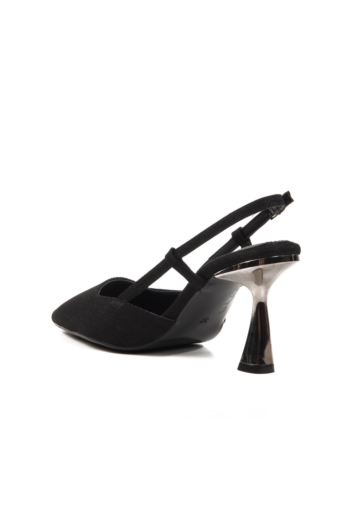 459158 Z Siyah Simli Tekstil Kadın Abiye Ayakkabı Stiletto Düğün Nişan Ayakkabısı - Görsel 5