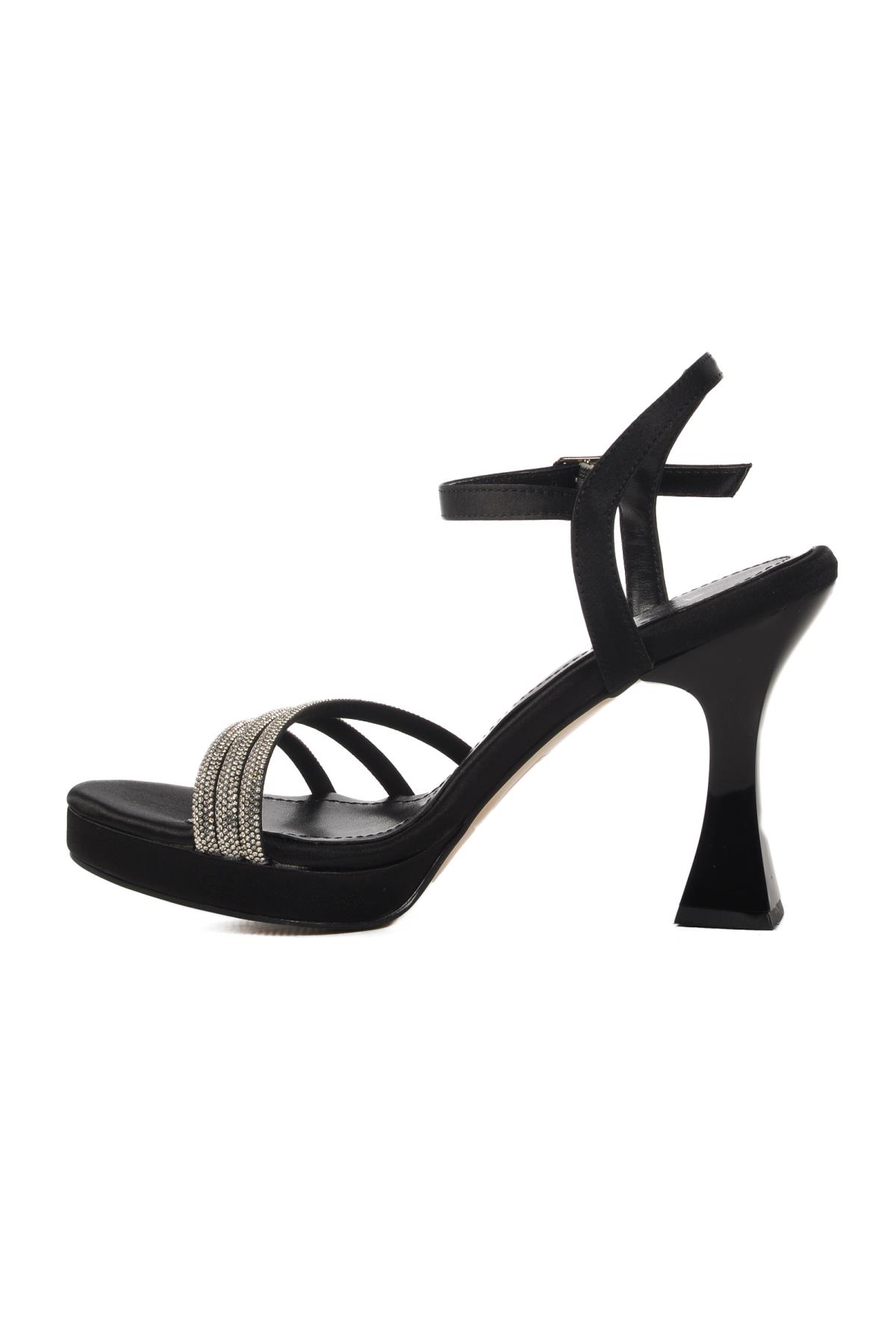 448186 Z Siyah Saten Taşlı Kadın Topuklu Ayakkabı Düğün Nişan Ayakkabısı - Görsel 3