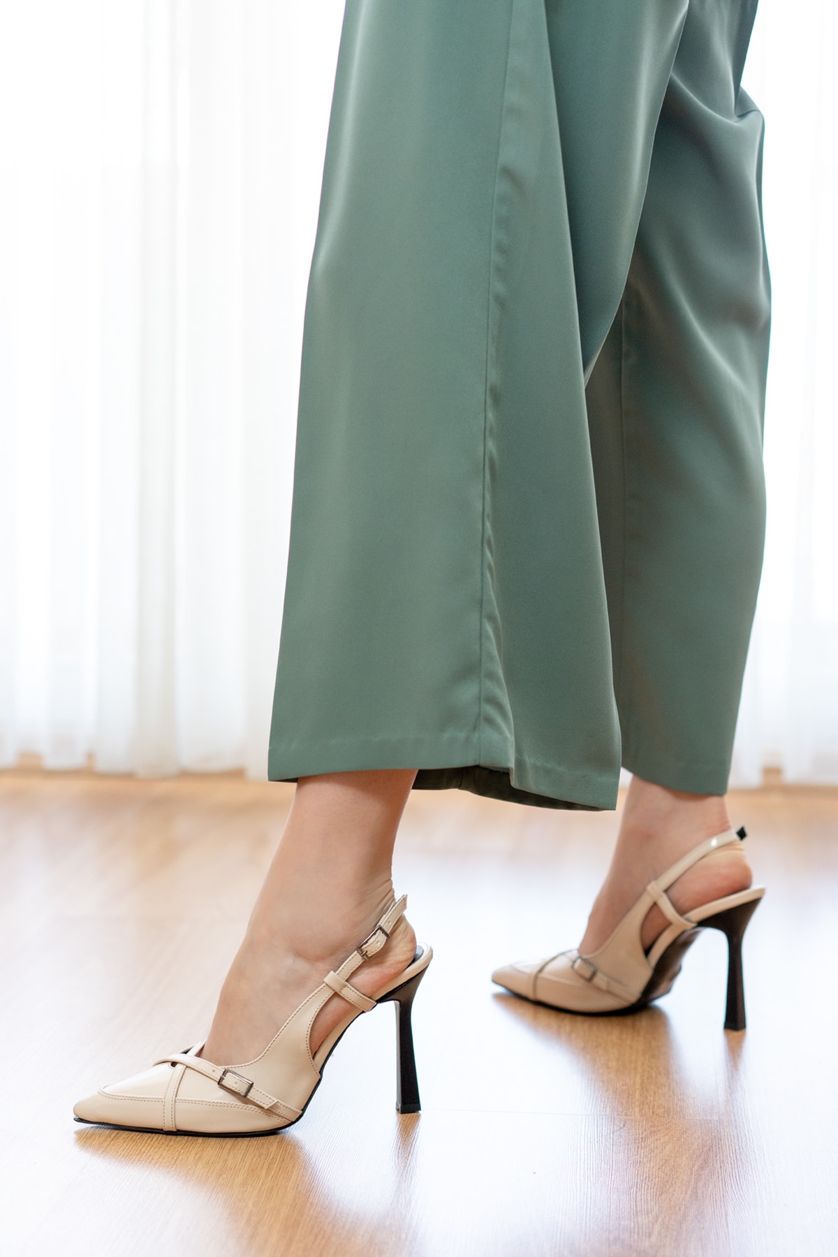 Lorea Bej Rugan (10 Cm Topuk Boyu ) Sivri Burun Topuklu Ayakkabı - Görsel 5