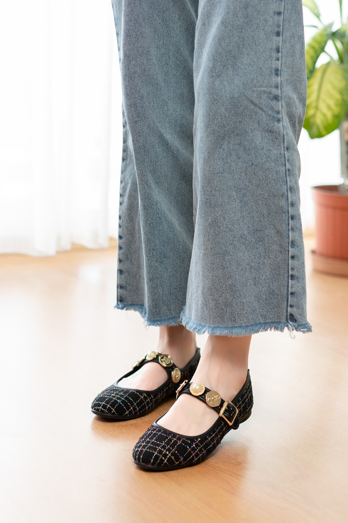 Myra Siyah Tüvit Kumaş Bareti Aksesuarlı ( 1 cm Topuklu ) Baretli Yuvarlık Burun Babet - Görsel 2