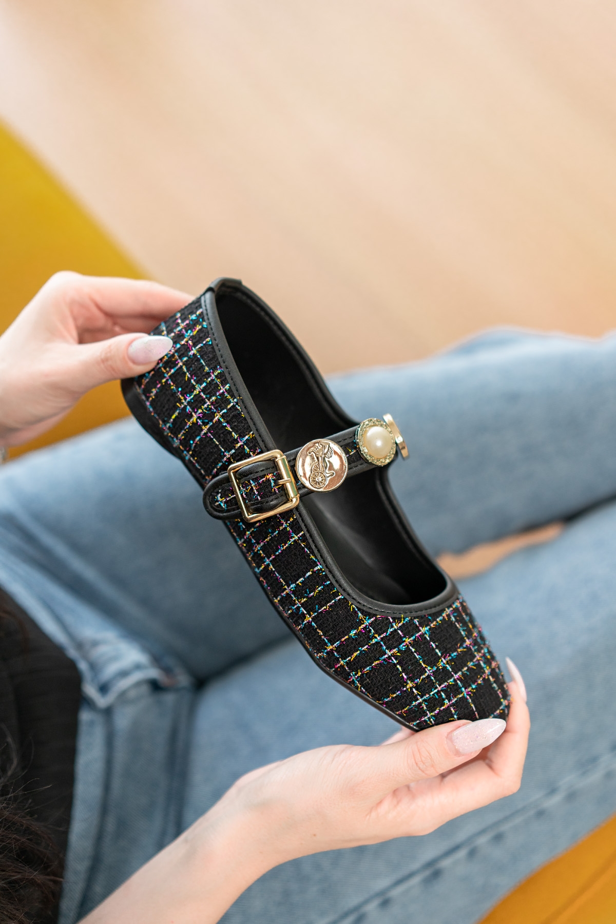 Myra Siyah Tüvit Kumaş Bareti Aksesuarlı ( 1 cm Topuklu ) Baretli Yuvarlık Burun Babet - Görsel 3