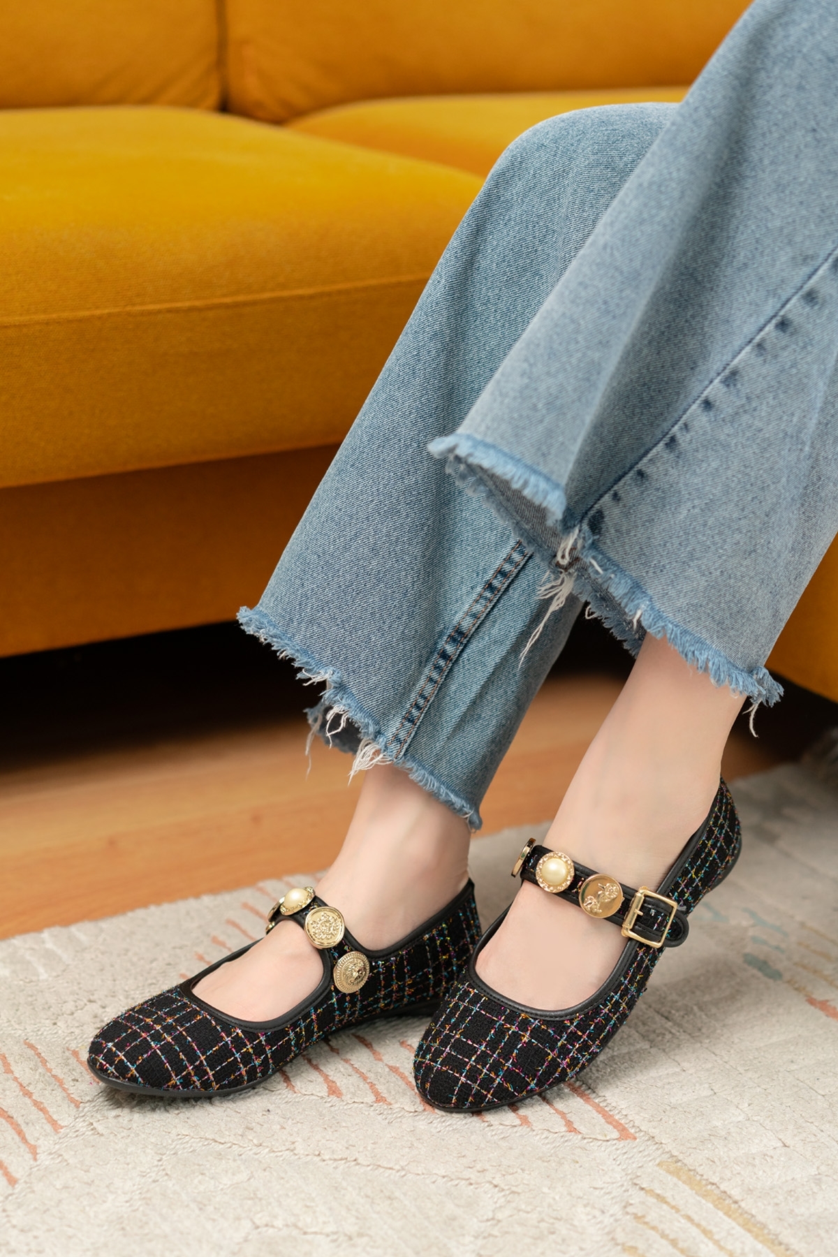 Myra Siyah Tüvit Kumaş Bareti Aksesuarlı ( 1 cm Topuklu ) Baretli Yuvarlık Burun Babet - Görsel 4