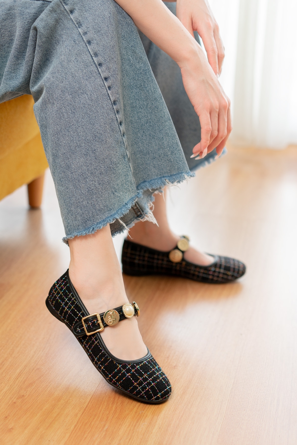 Myra Siyah Tüvit Kumaş Bareti Aksesuarlı ( 1 cm Topuklu ) Baretli Yuvarlık Burun Babet - Görsel 5