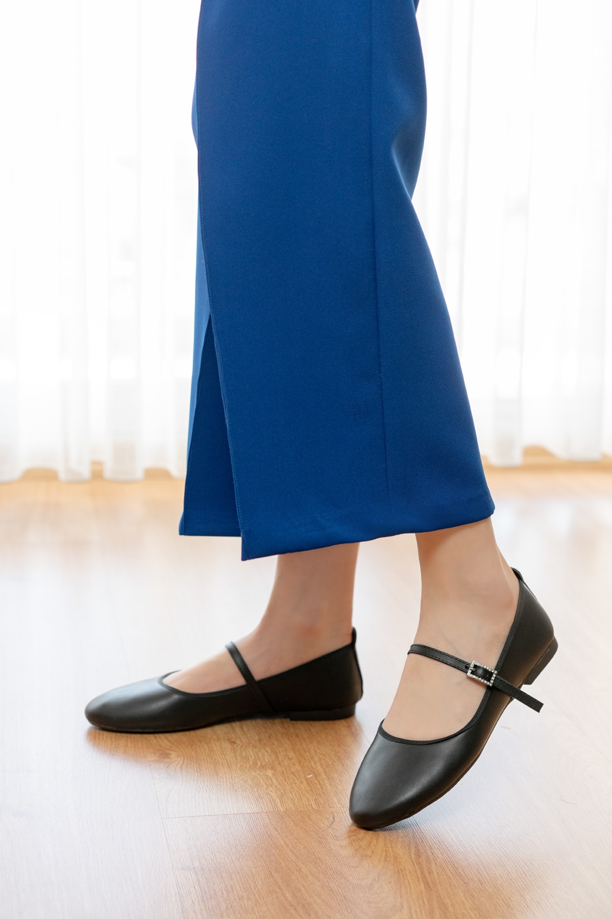 Armi Siyah Taşlı Baretli ( 1 cm Topuklu ) Yuvarlık Burun Babet - Görsel 5