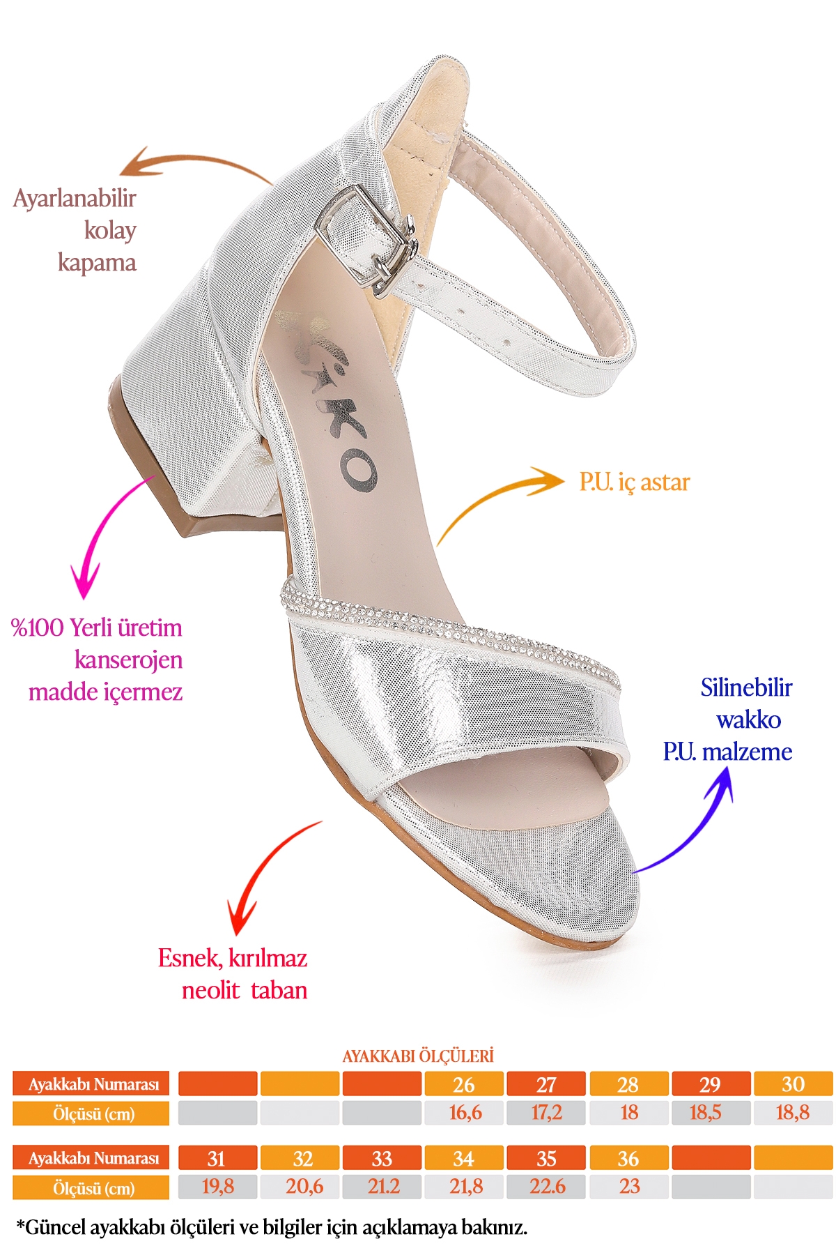 Elos Vakko Günlük Kız Çocuk 4 Cm Topuklu Sandalet Ayakkabı Gümüş - Görsel 3