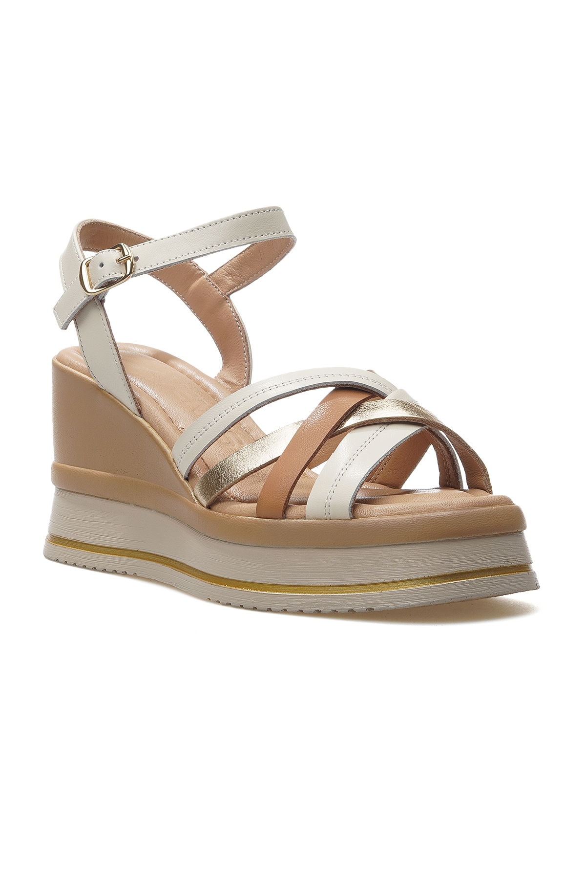 Kadın Hakiki Deri Dolgu Topuklu Günlük Sandalet 25y 2510902y Z Bej/altın - Görsel 5