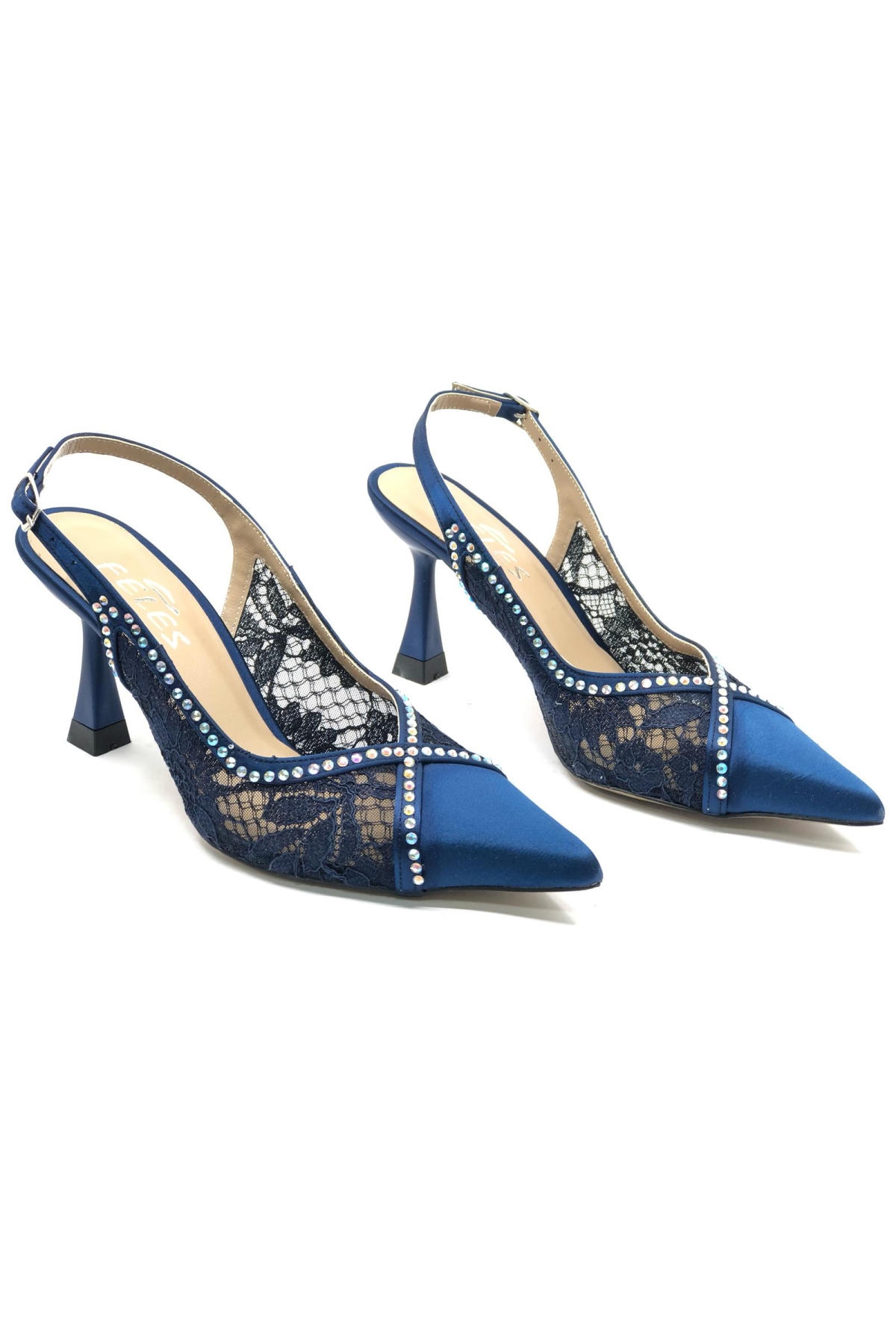 Saten Dantel Taş Detaylı Arkası Açık Stiletto Kadın Topuklu Ayakkabı - Görsel 3