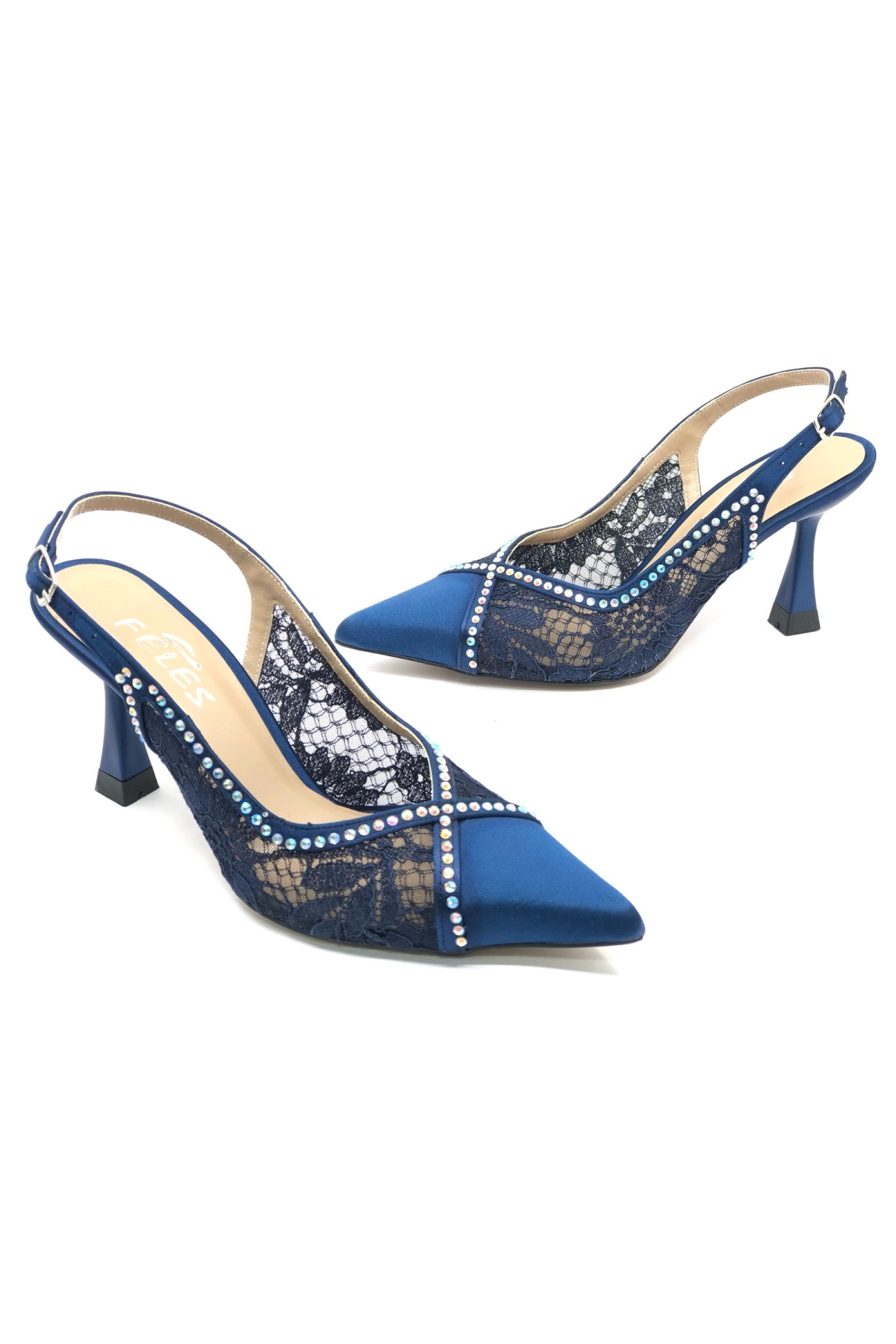 Saten Dantel Taş Detaylı Arkası Açık Stiletto Kadın Topuklu Ayakkabı - Görsel 4