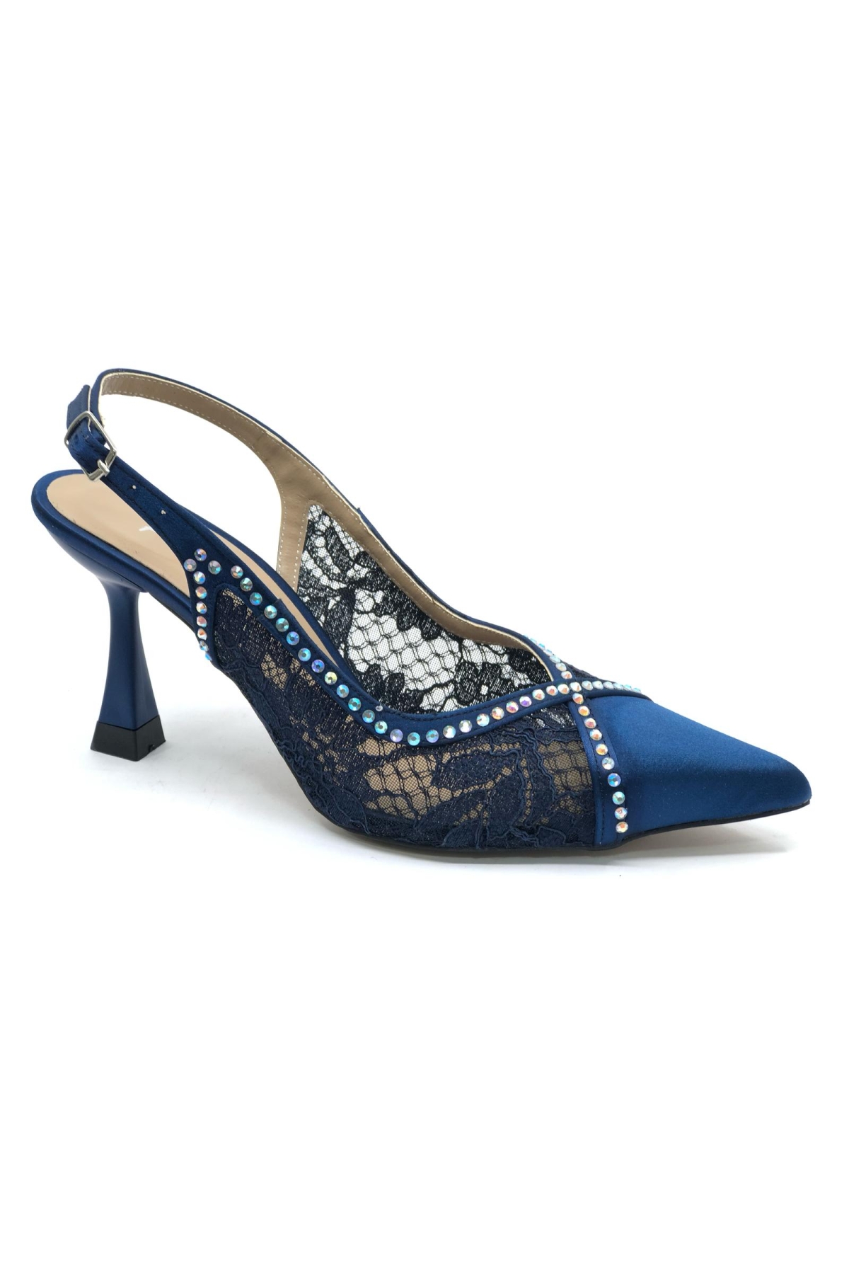 Saten Dantel Taş Detaylı Arkası Açık Stiletto Kadın Topuklu Ayakkabı - Görsel 5