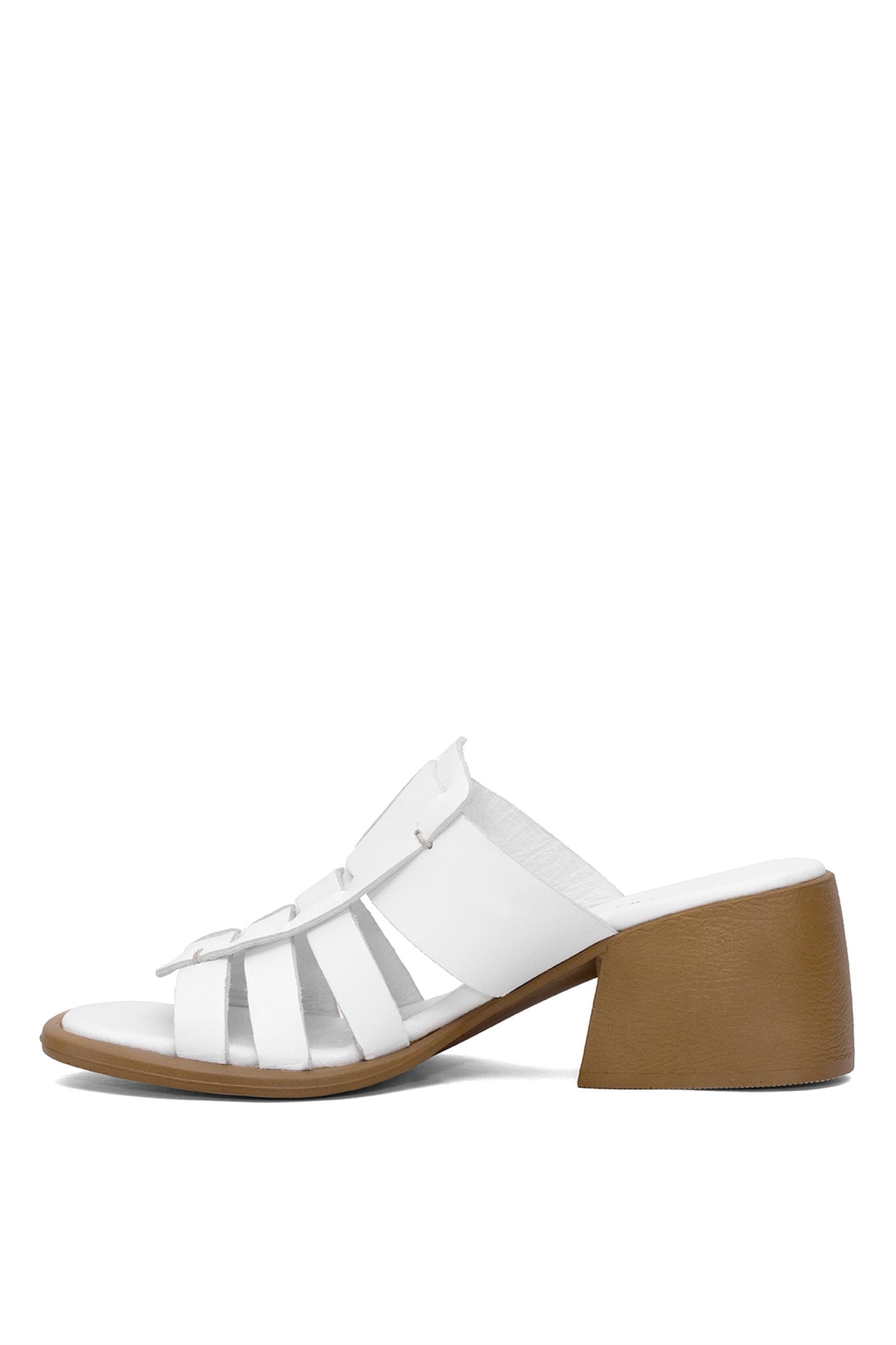 D25YT-1540 Kadın Hakiki Deri Topuklu Terlik Beyaz - Görsel 4