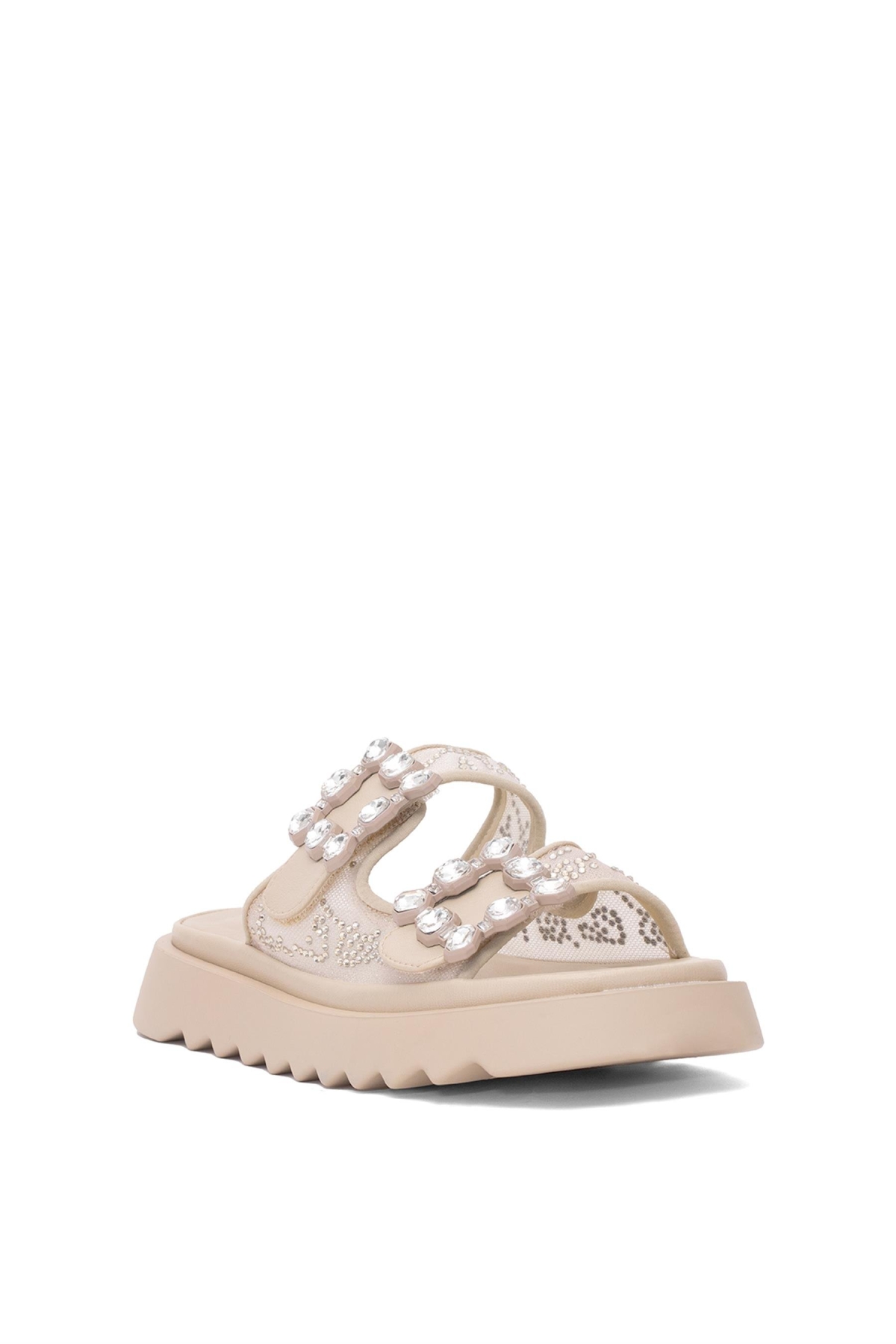 25Y342 Kadın Taşlı Düz Terlik Bej - Görsel 3