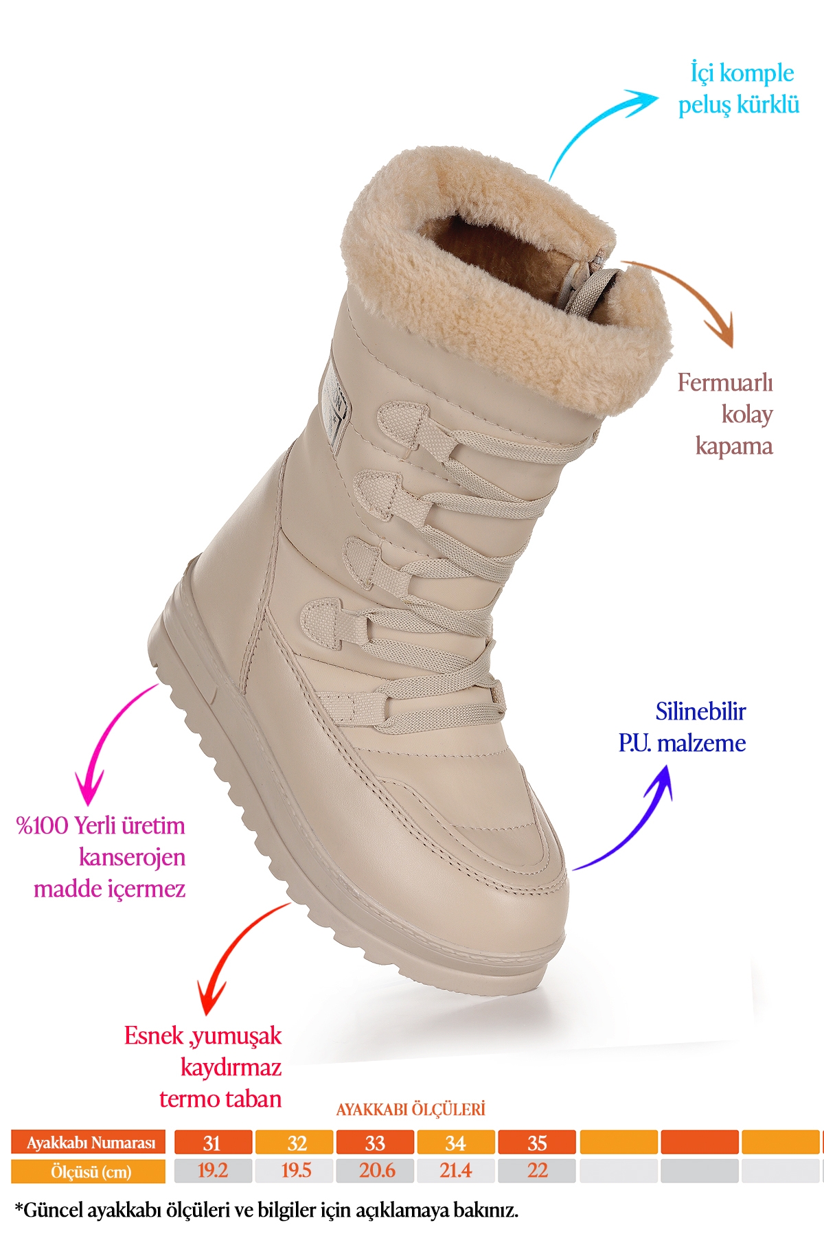 Deco İçi Termal Kürklü Kız Çocuk Kar Botu Ayakkabı Bej - Görsel 3