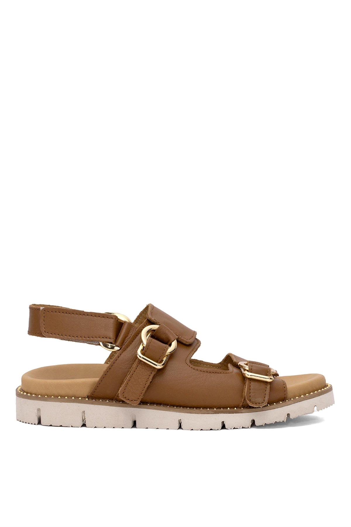 25440013Y Kadın Hakiki Deri Düz Sandalet Taba - Görsel 2