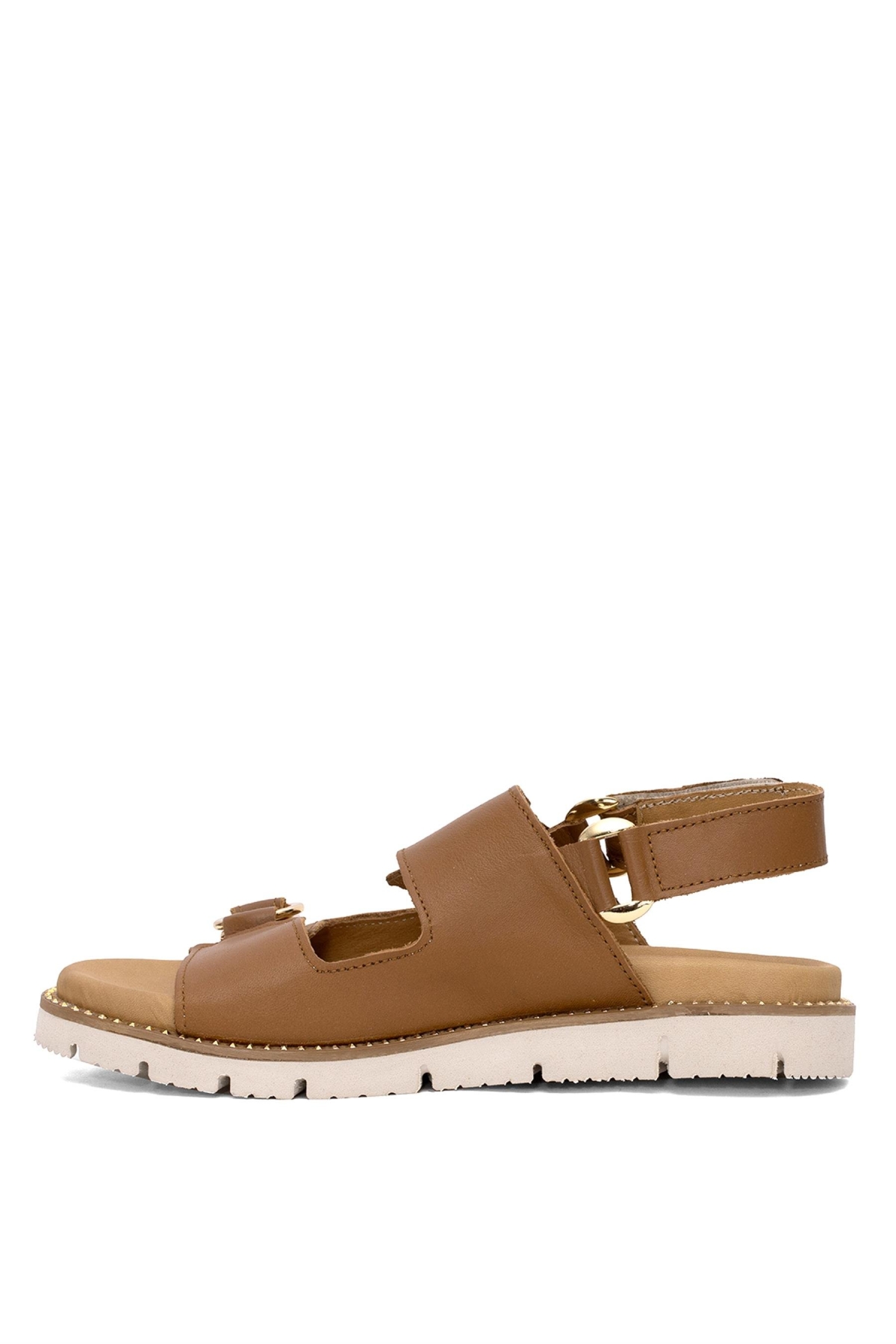 25440013Y Kadın Hakiki Deri Düz Sandalet Taba - Görsel 4