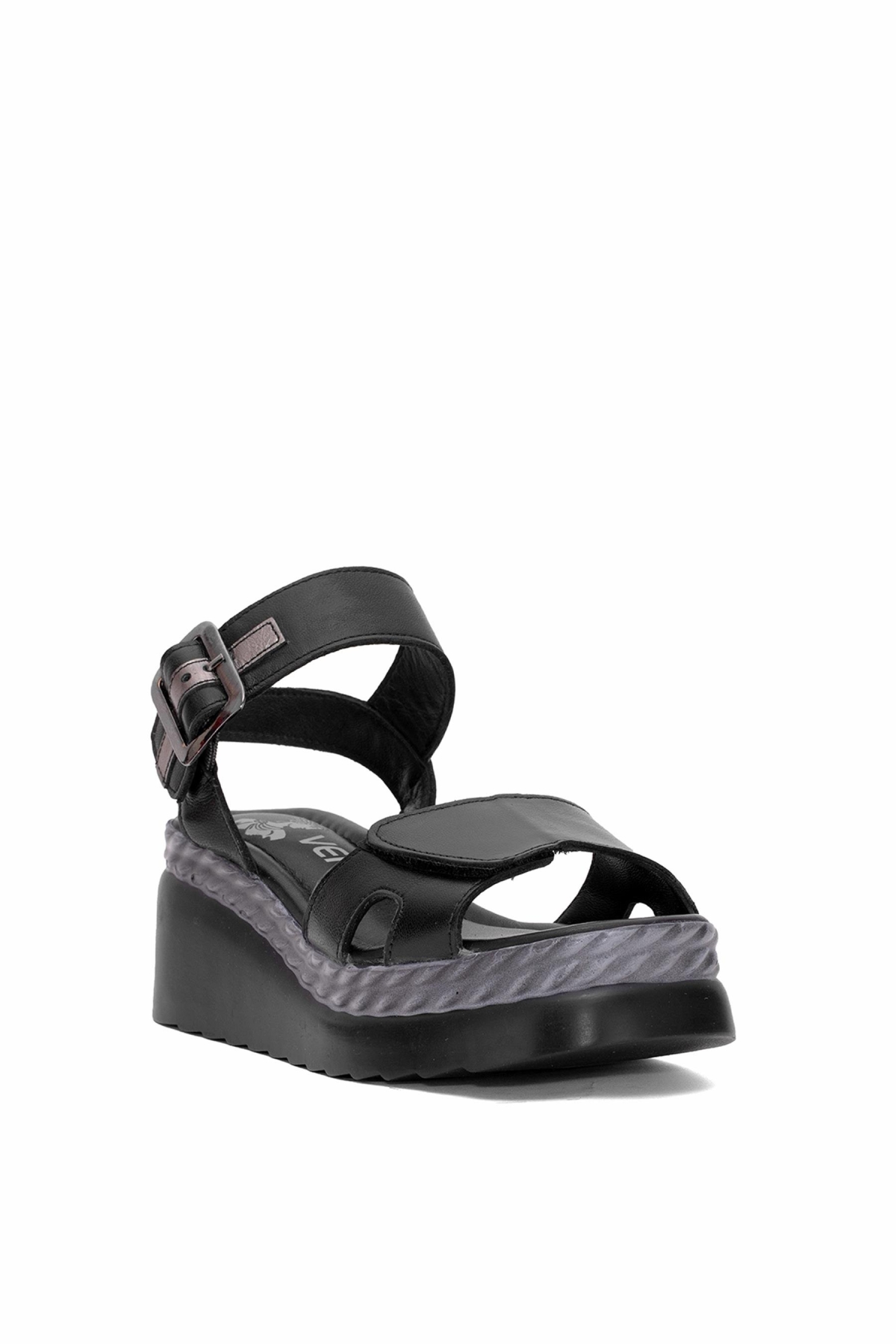 2512303Y Kadın Hakiki Deri Dolgu Topuk Sandalet Siyah - Görsel 3