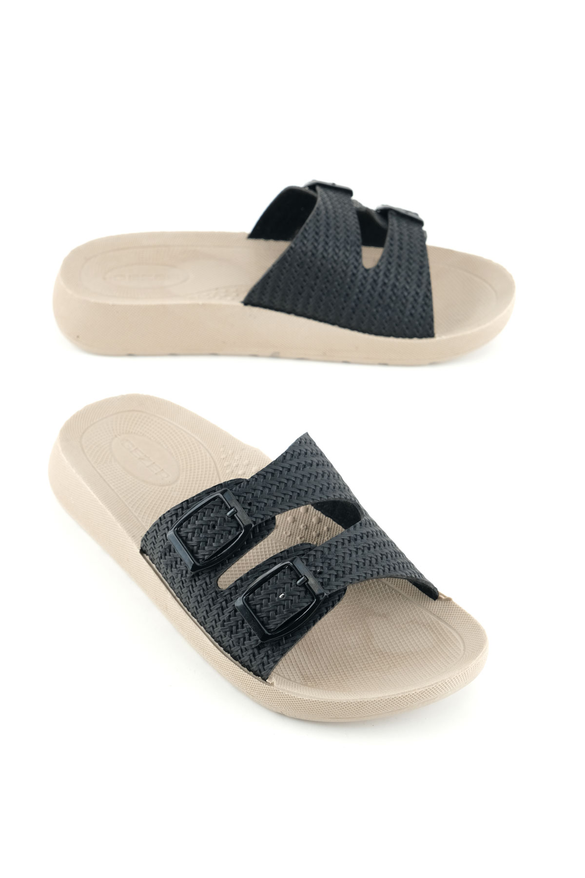 Gezer Gezer Siyah Kadın Yazlık PU Rahat Taban Suni Deri İki Toka Ayarlanabilir Günlük Terlik Sandalet & Terlik | Flo Siyah - 2. görsel