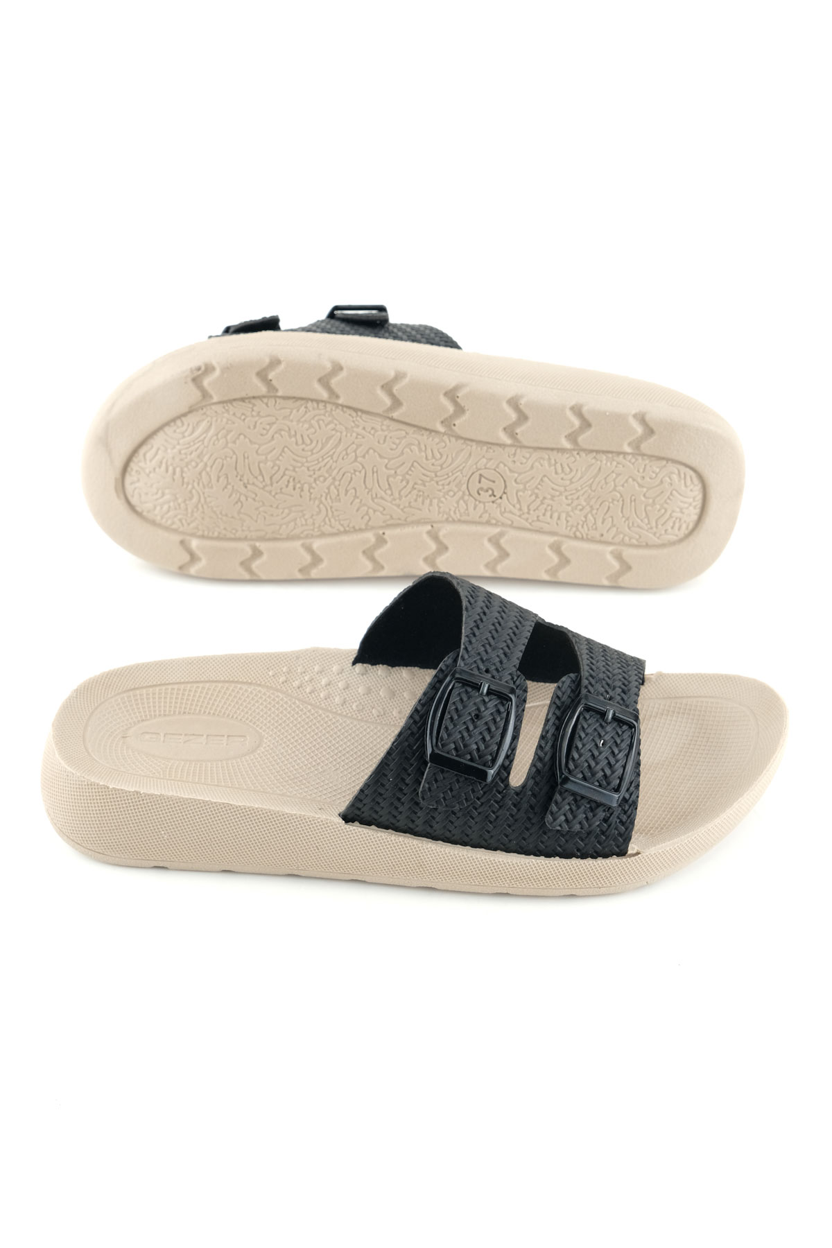 Gezer Gezer Siyah Kadın Yazlık PU Rahat Taban Suni Deri İki Toka Ayarlanabilir Günlük Terlik Sandalet & Terlik | Flo Siyah - 6. görsel