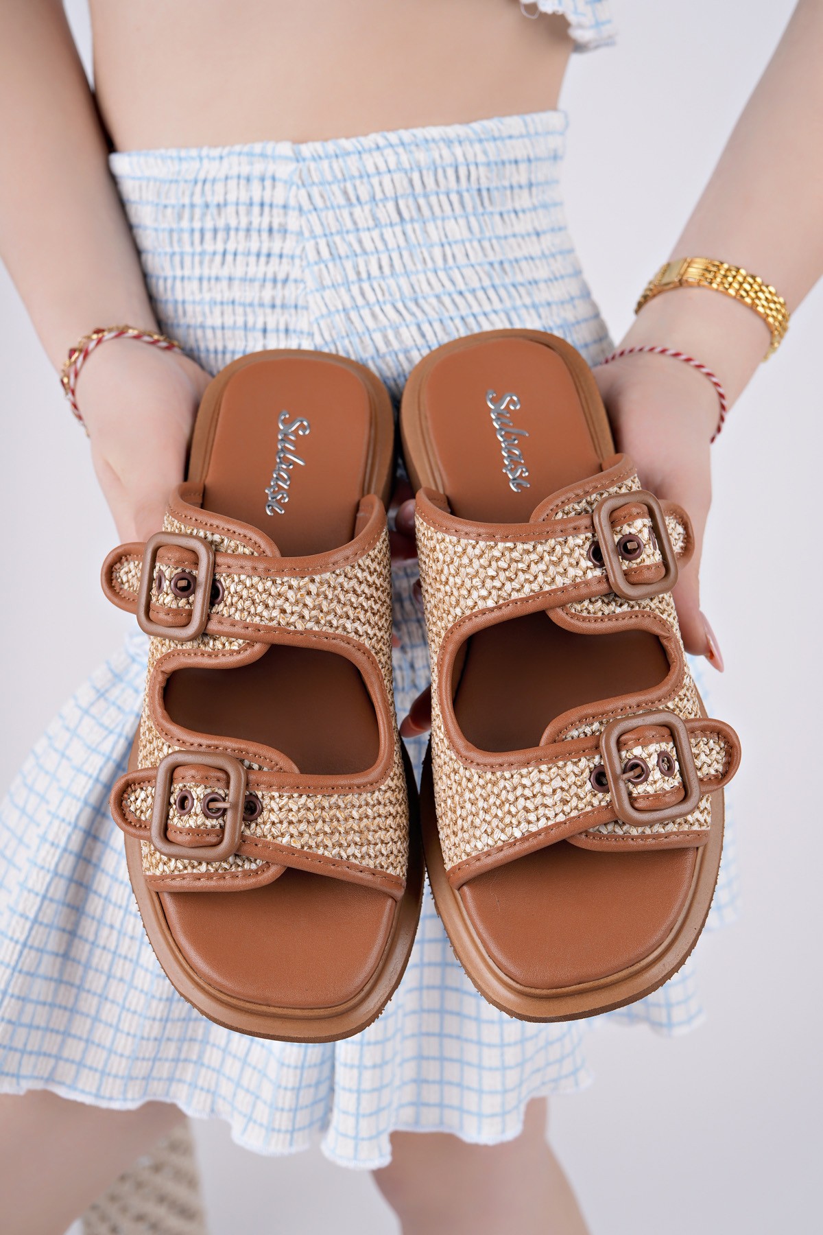 SARLE Çift Bantlı Ayarlanabilir Kemerli Kadın Günlük Hasır Terlik - Görsel 6