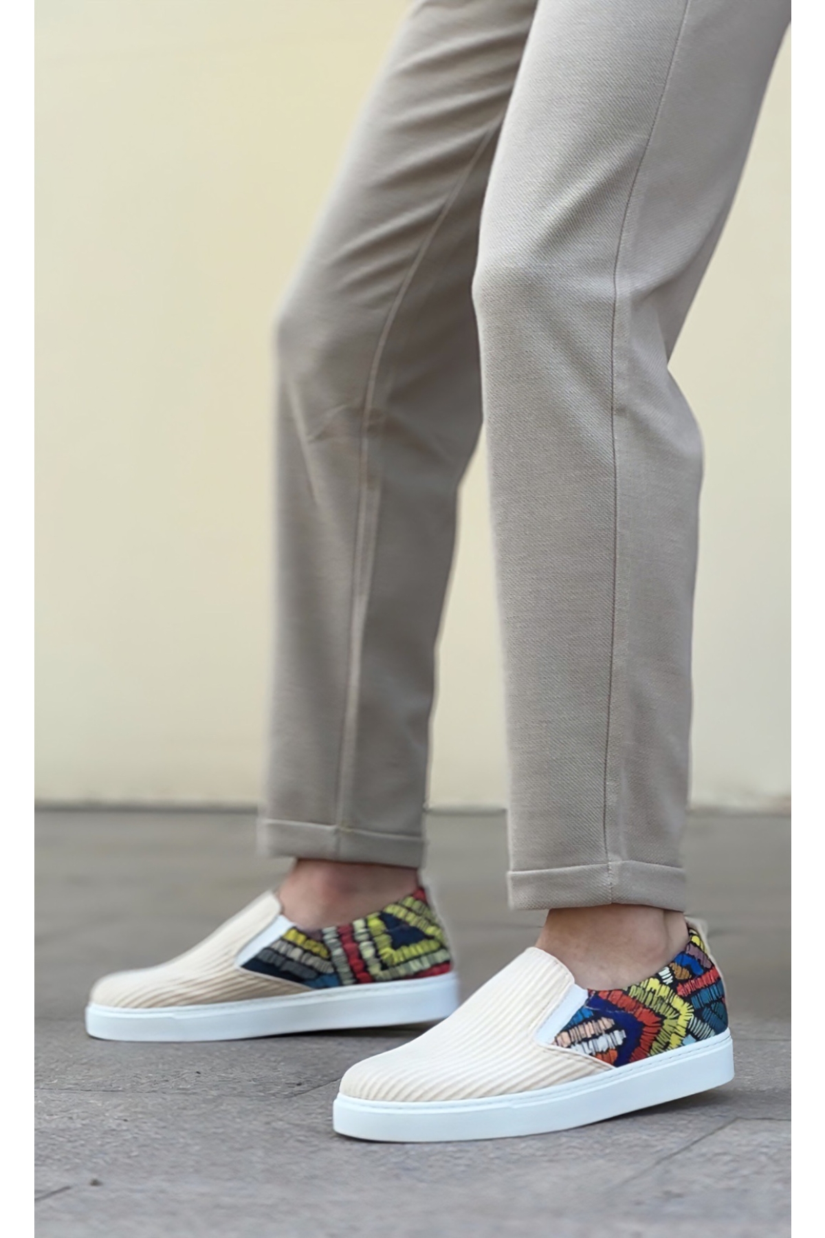 Bağcıksız Keten Erkek Günlük Ayakkabı KREM DESENLİ (BEYAZ TABAN) - Görsel 2