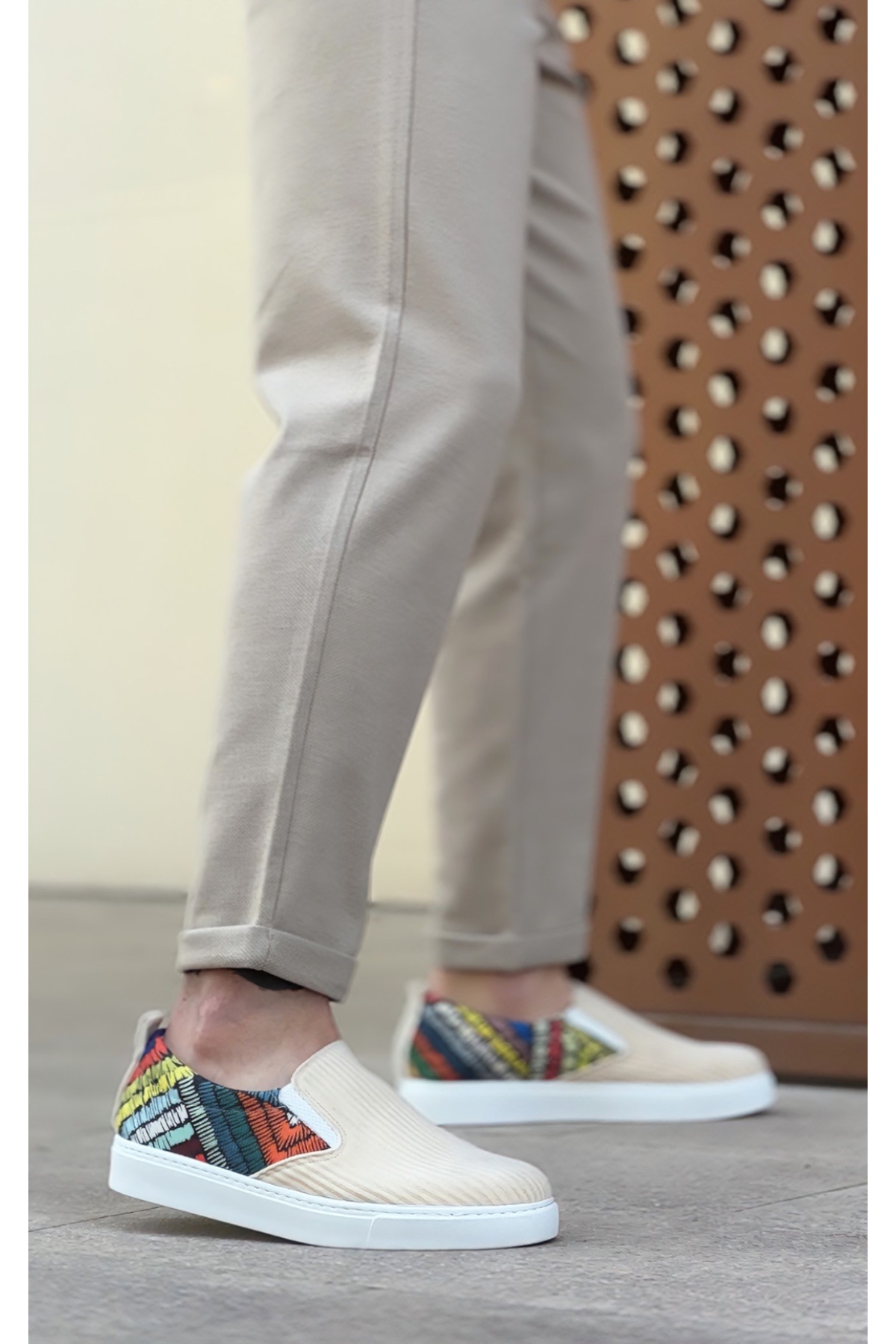 Bağcıksız Keten Erkek Günlük Ayakkabı KREM DESENLİ (BEYAZ TABAN) - Görsel 3