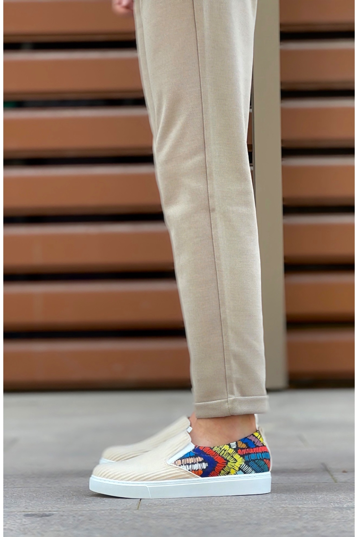 Bağcıksız Keten Erkek Günlük Ayakkabı KREM DESENLİ (BEYAZ TABAN) - Görsel 5