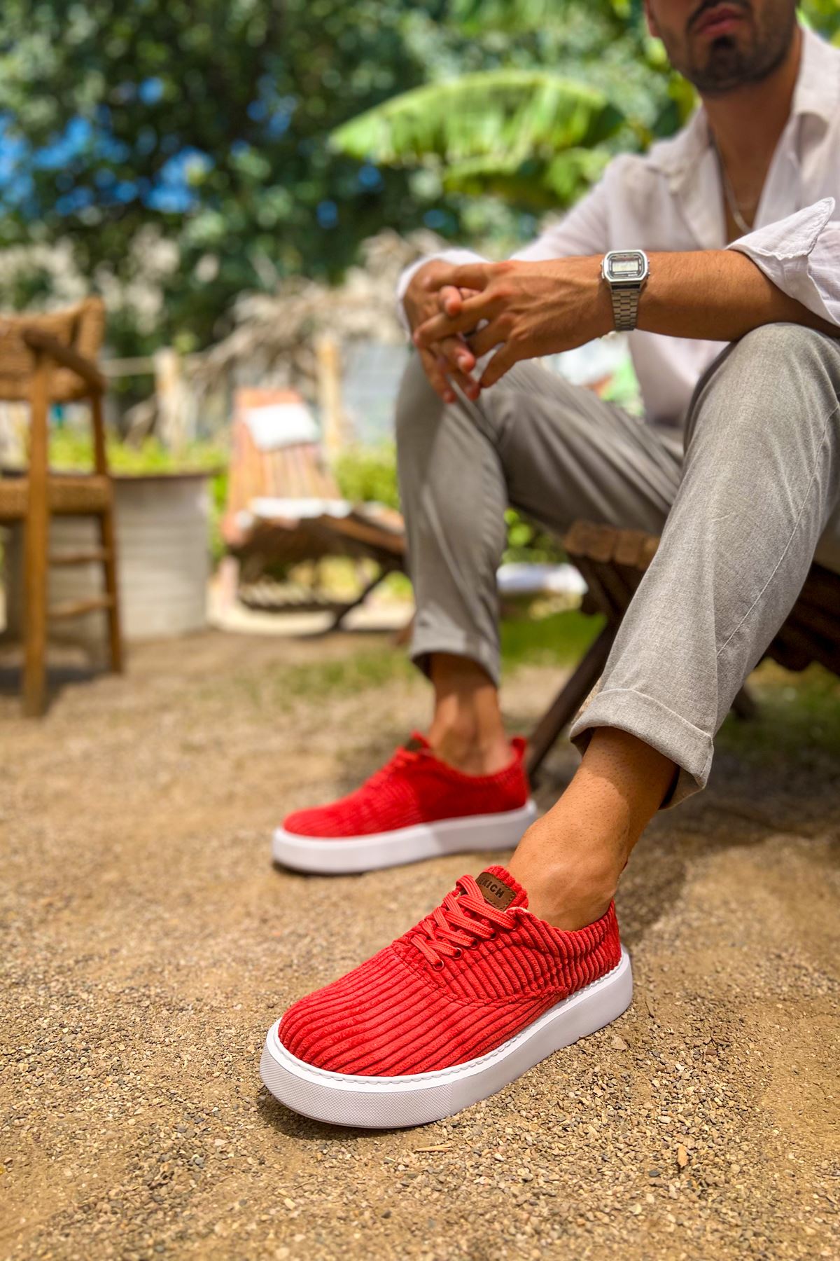 Bağcıklı Kadife Kumaş Erkek Günlük Ayakkabı Kırmızı - Görsel 2