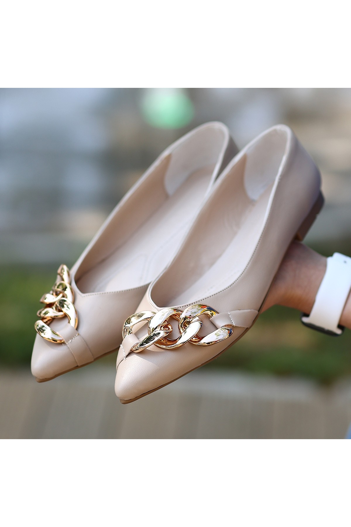 Kadın Nut Nude Suni Deri Zincirli Babet Ayakkabı - Görsel 8