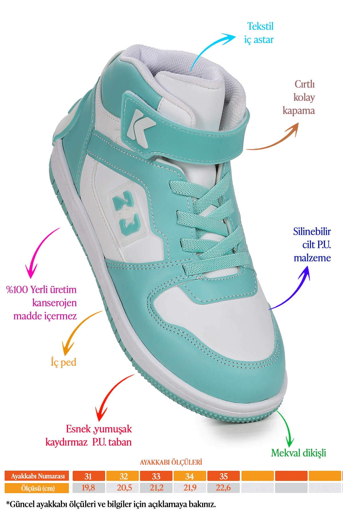 Carde Günlük Cırtlı Kız Çocuk Spor Ayakkabı Mint Yeşili - Görsel 3