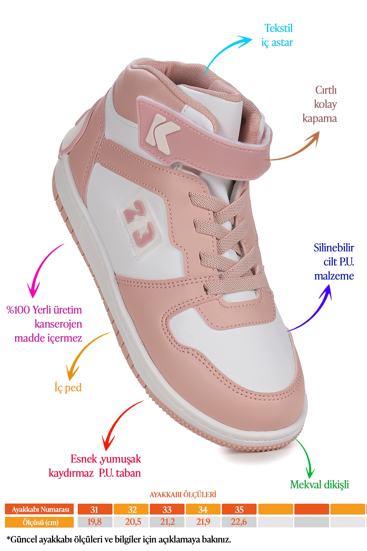 Carde Günlük Cırtlı Kız Çocuk Spor Ayakkabı Pudra - Görsel 3