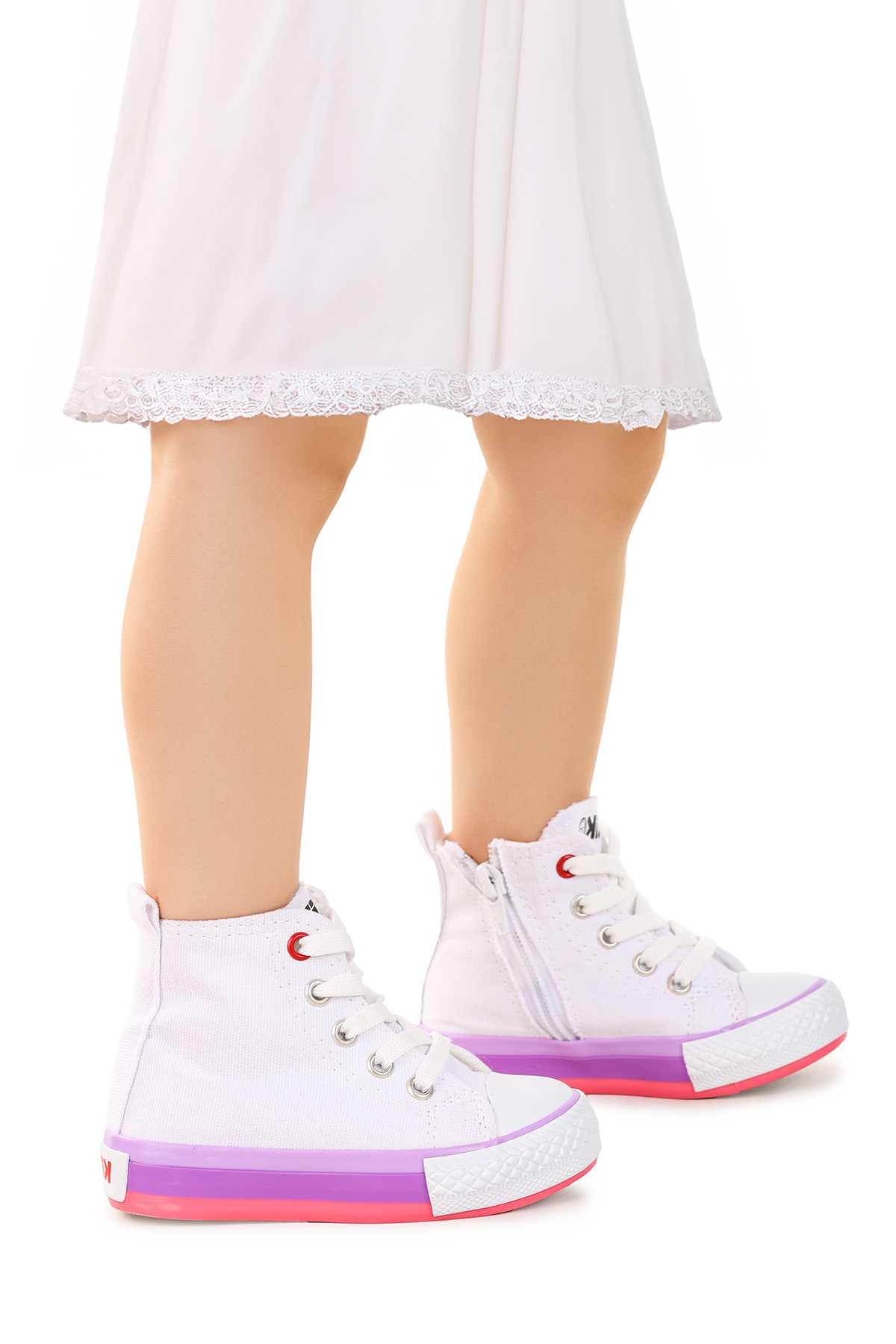 Tinna Bağcıklı Kız Bebek Boğazlı Keten Spor Ayakkabı Beyaz - Pembe - Görsel 2