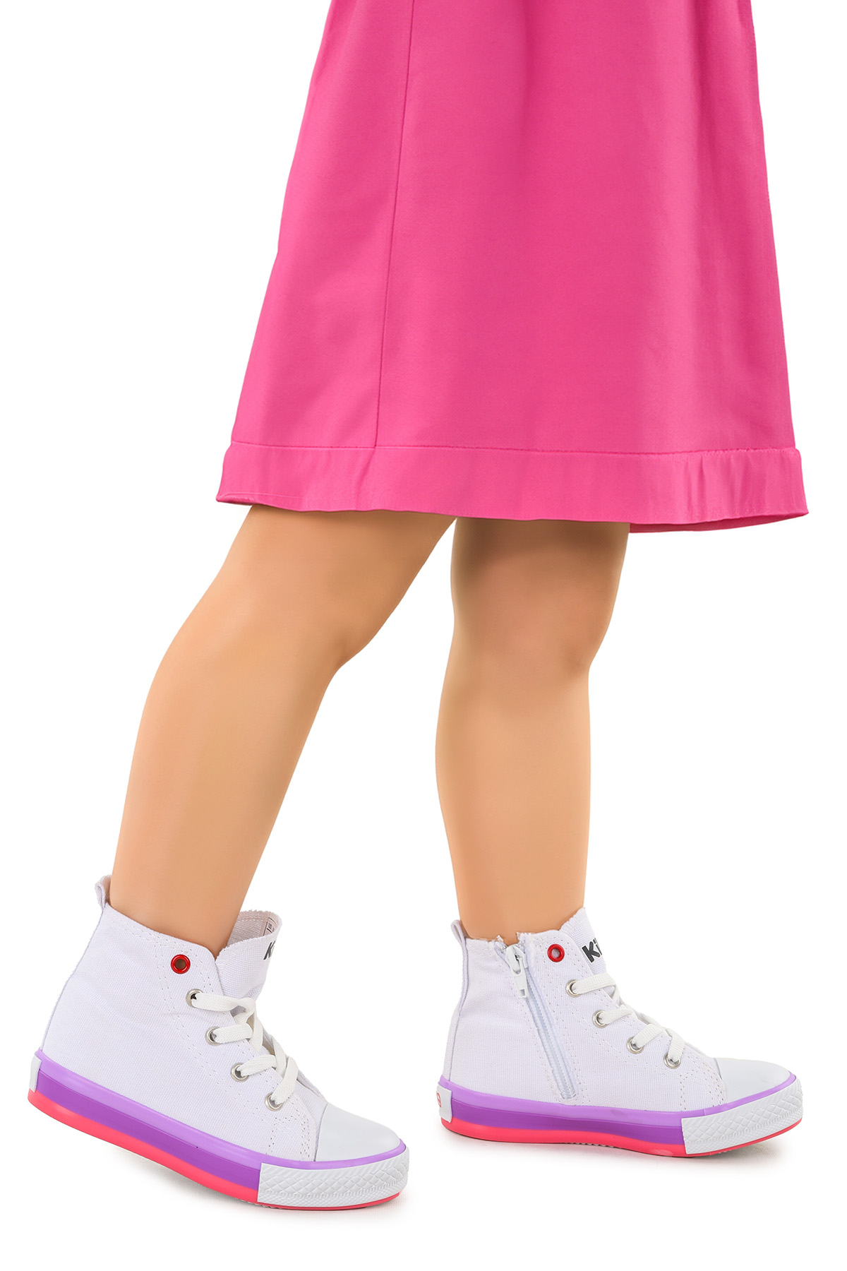 Tinna Bağcıklı Kız Çocuk Boğazlı Keten Spor Ayakkabı Beyaz - Pembe - Görsel 2