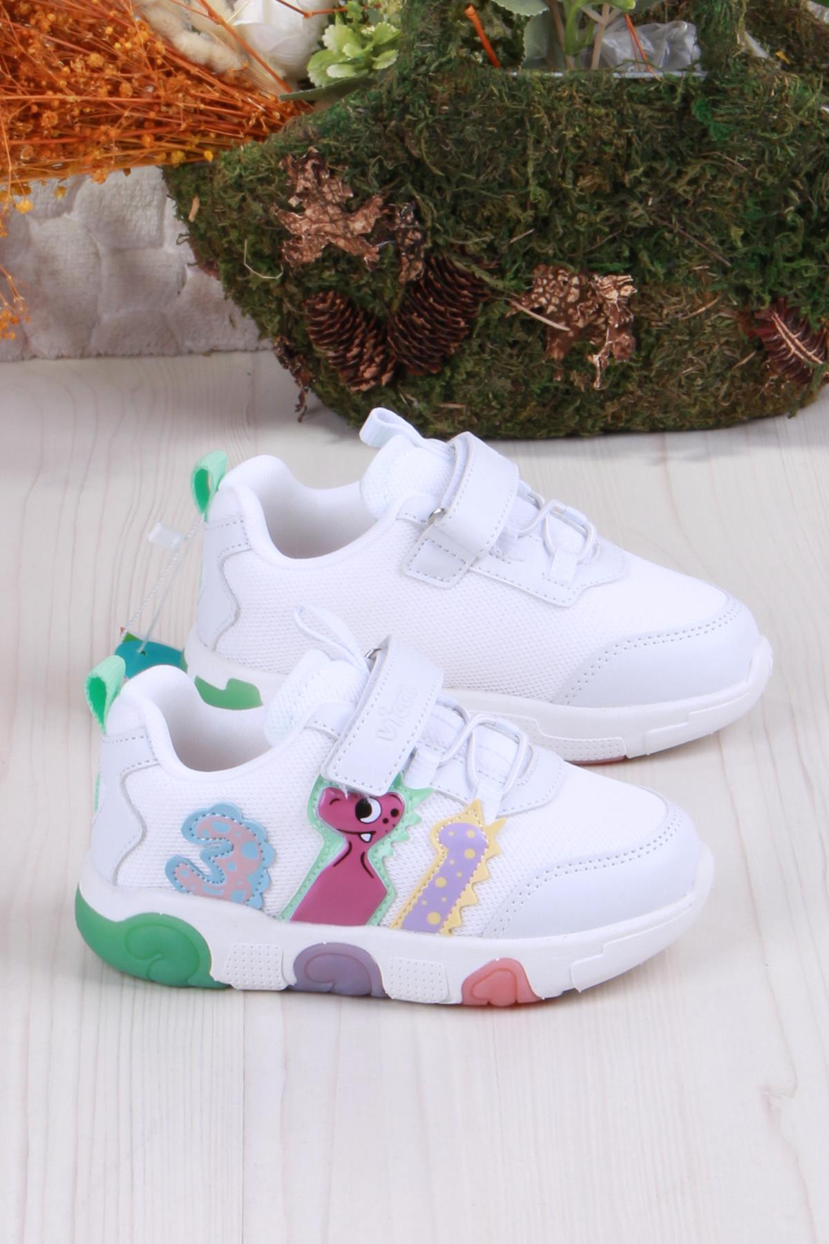 346.B25Y.160 Beyaz Yeşil Number Işıklı Kız Çocuk Ayakkabı - Görsel 3