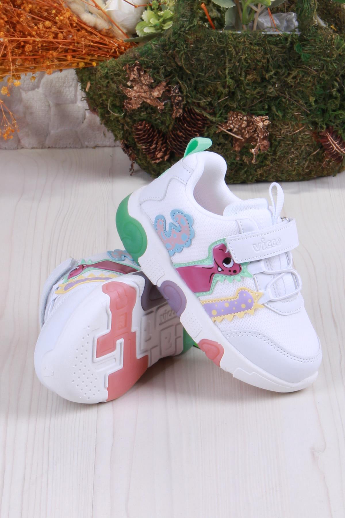 346.P25Y.160 Beyaz Yeşil Number Işıklı Kız Çocuk Ayakkabı - Görsel 6