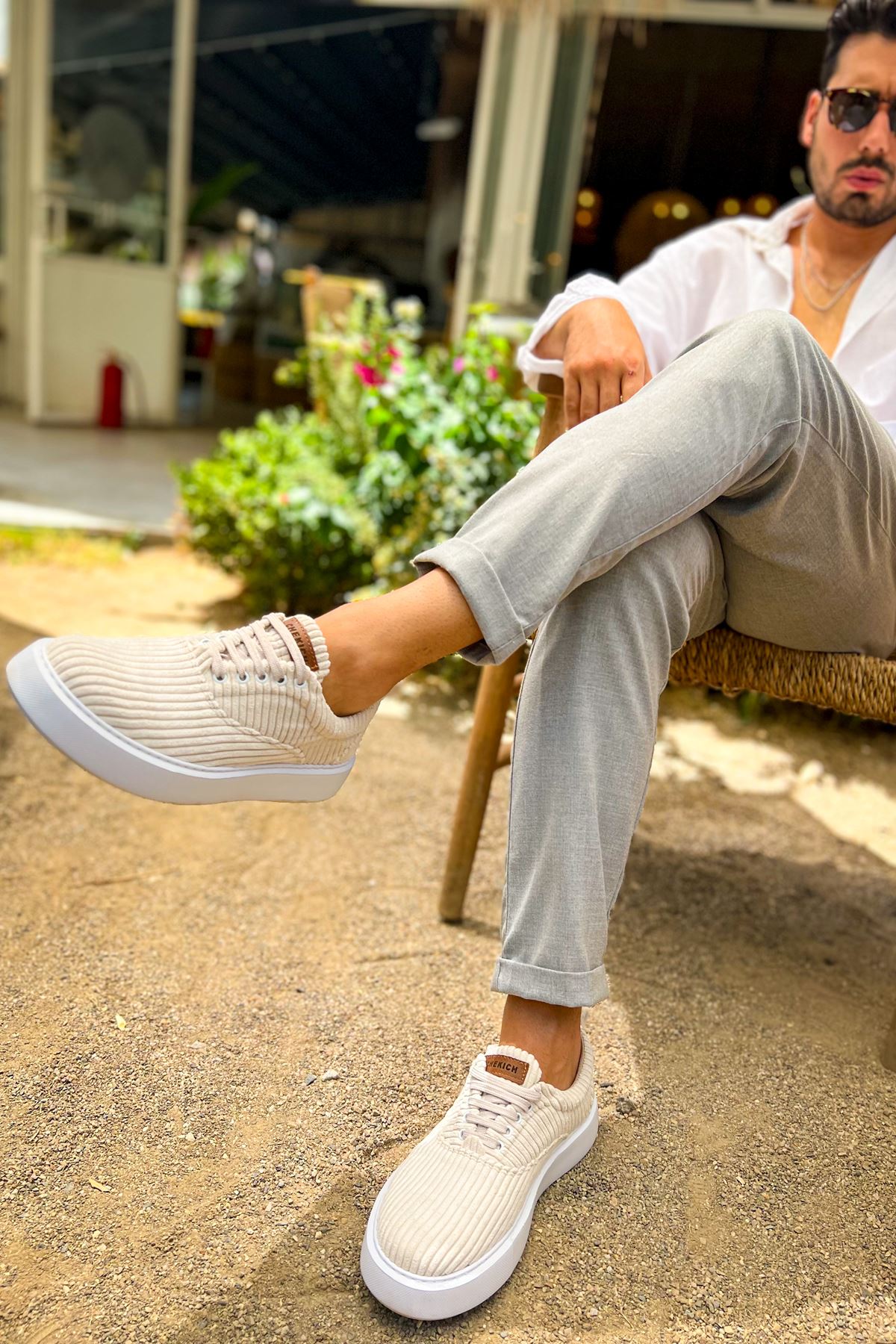 Bağcıklı Kadife Kumaş Erkek Günlük Ayakkabı Beyaz - Görsel 5